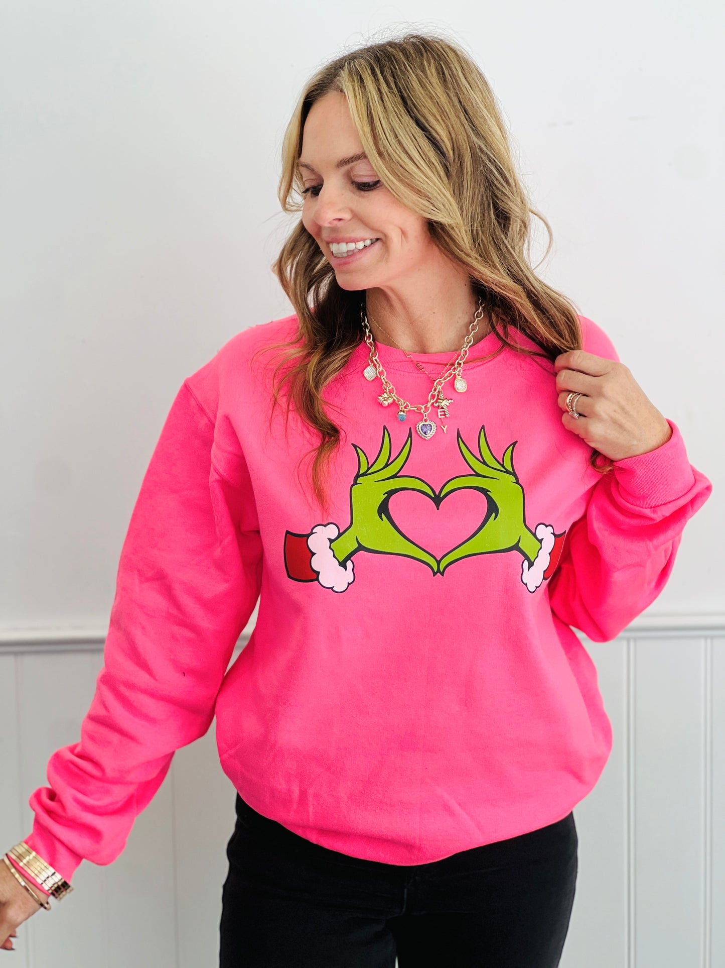 Pink Christmas Heart Hand Sweatshirt (Reg. and Plus)
