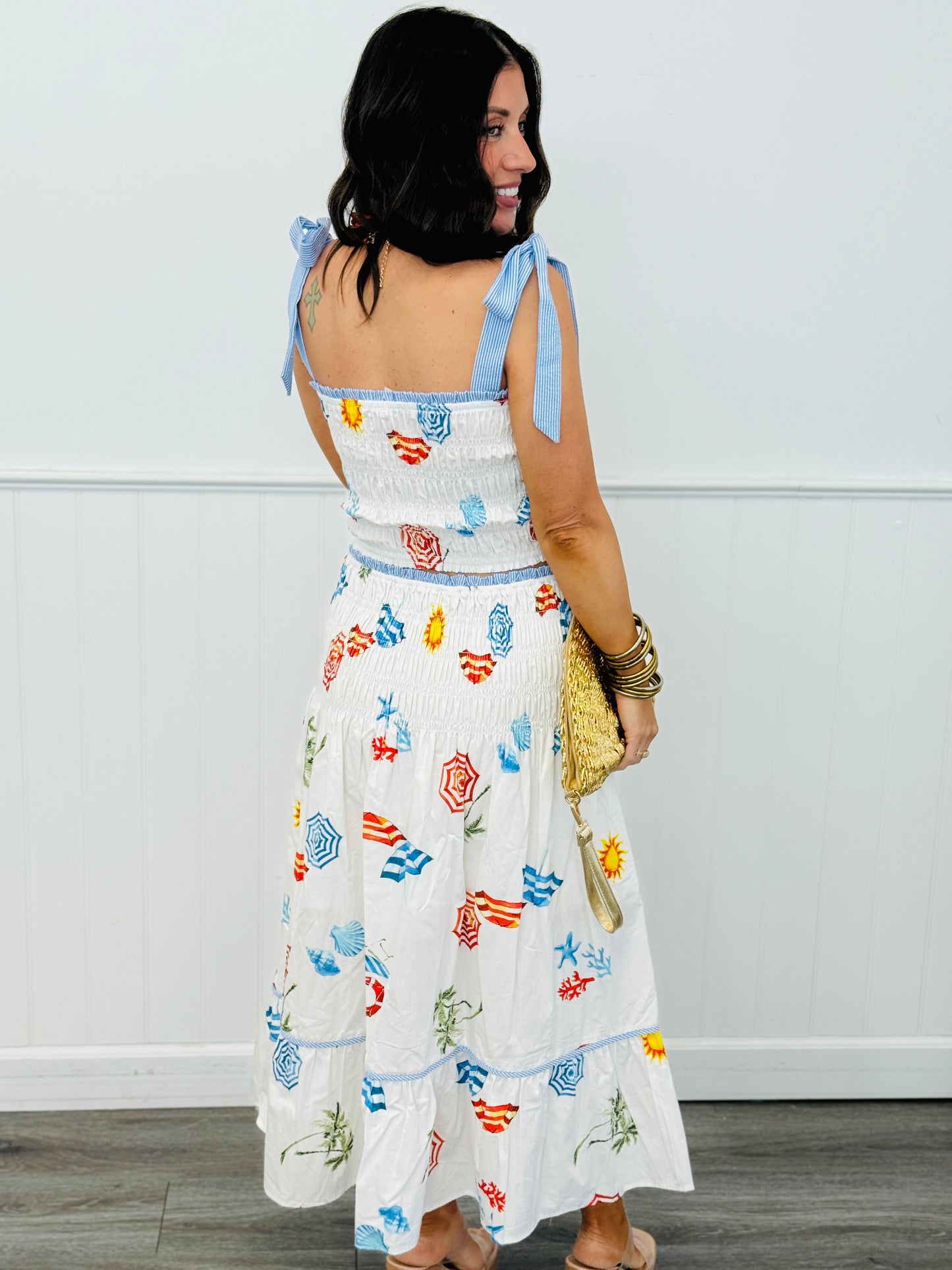 Off White Multi Beach Print Midi Skirt (Reg.)