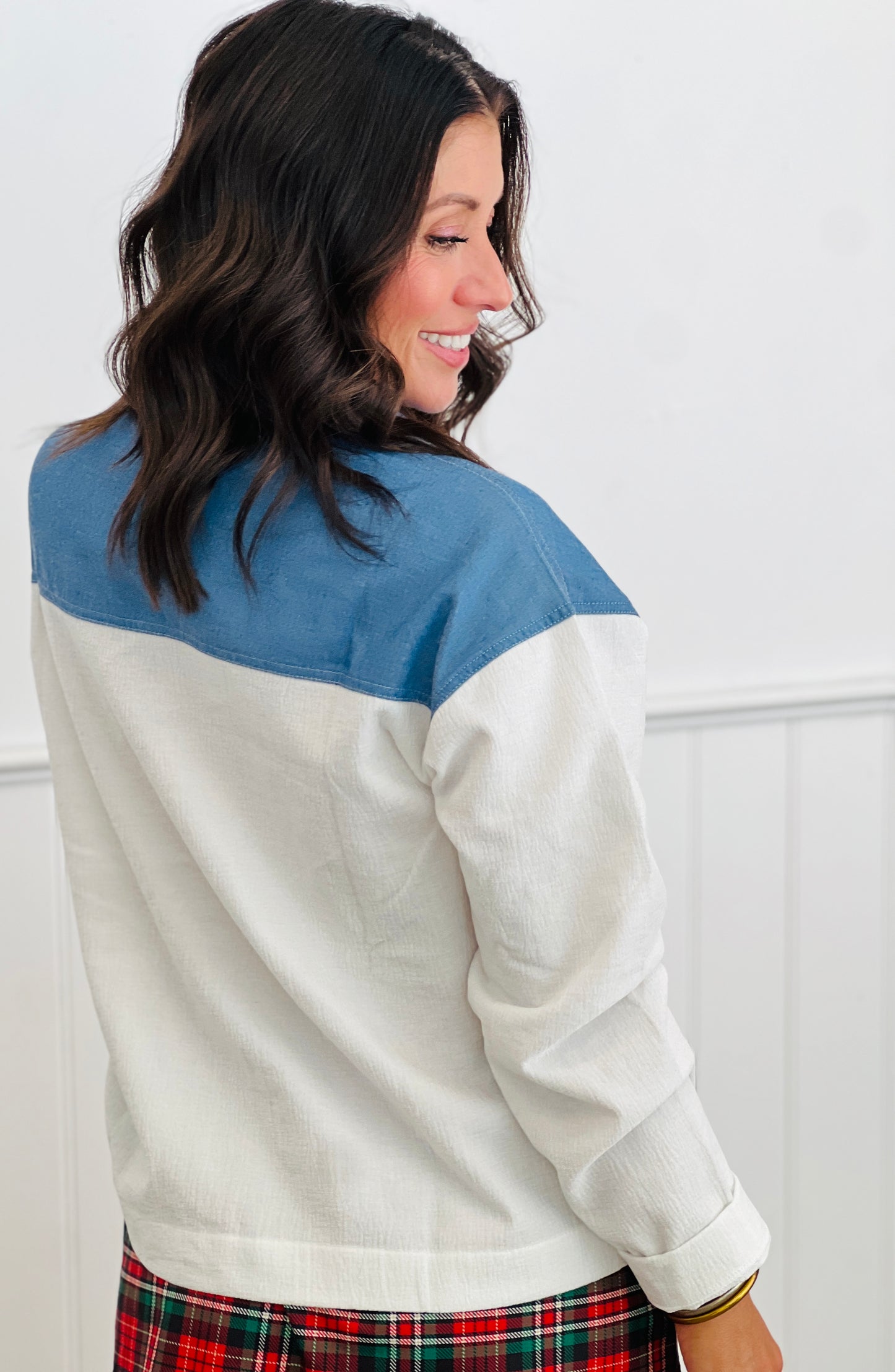 Chambray Contrast Button Down Shacket (Reg. and Plus)