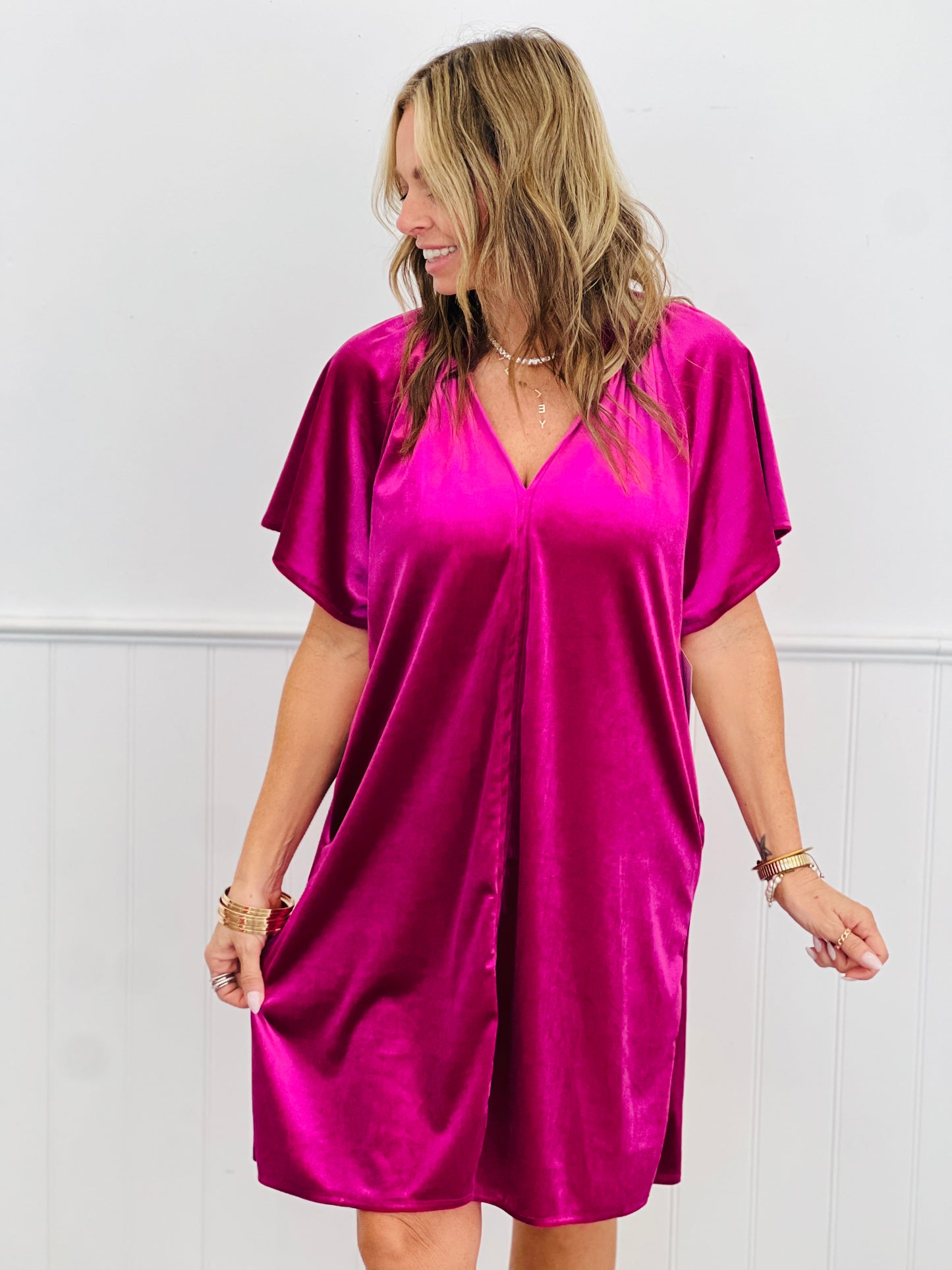 Fuchsia Gathered V-Neck Velvet Mini Dress (Reg. and Plus)
