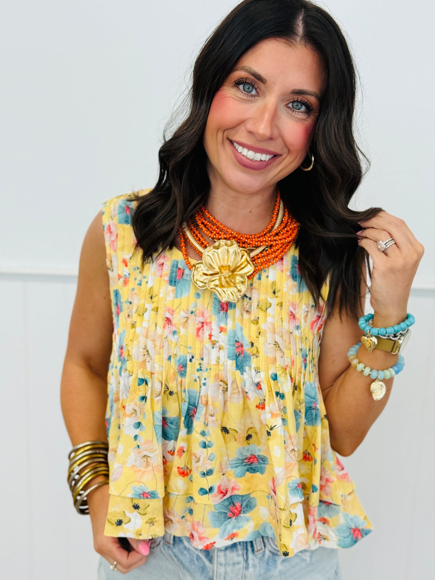 POL Honey Floral Pintuck Back Zip Top (Reg.)