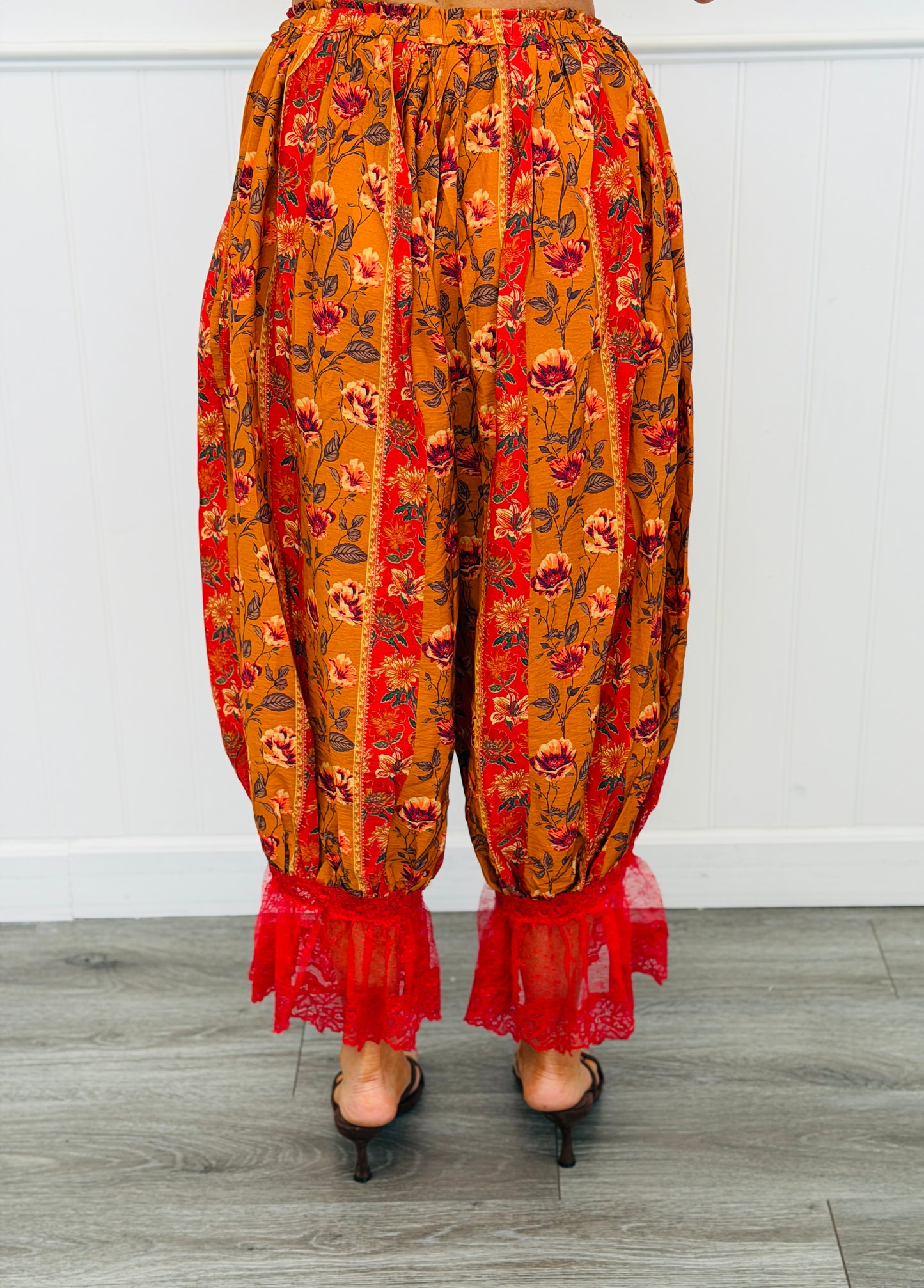 Rust Floral Lace Hem Harem Pants  (Reg & Plus)