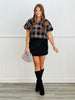 Black/Pink Shimmer Plaid Puff Sleeves Blouse (Reg. and Plus)