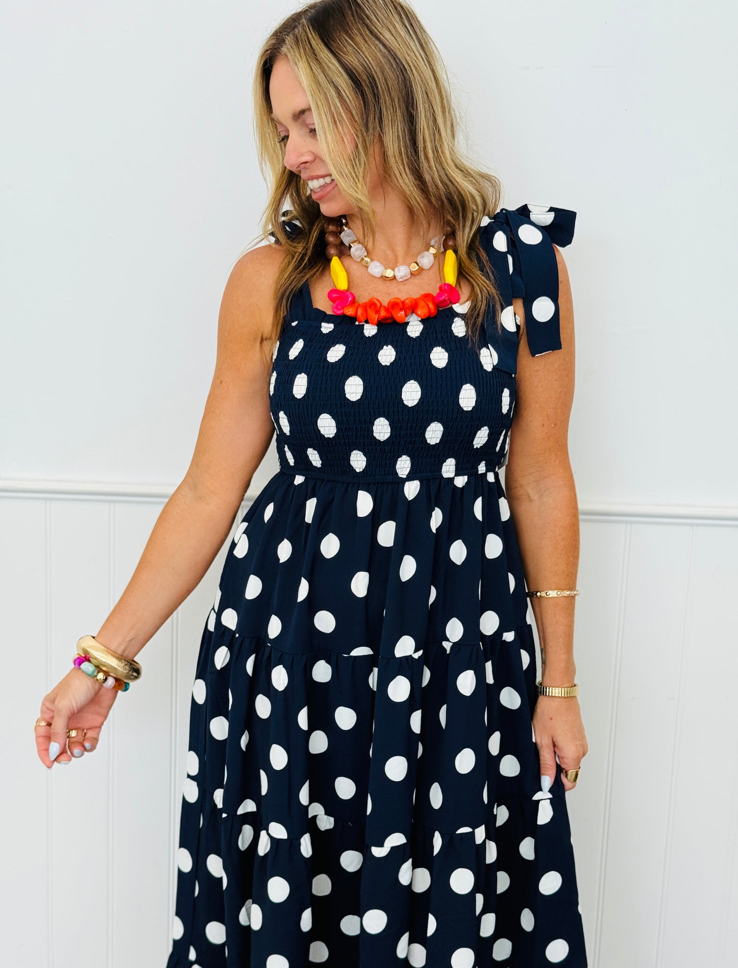 Navy/White Polka Dot Tiered Maxi Dress (Reg & Plus)