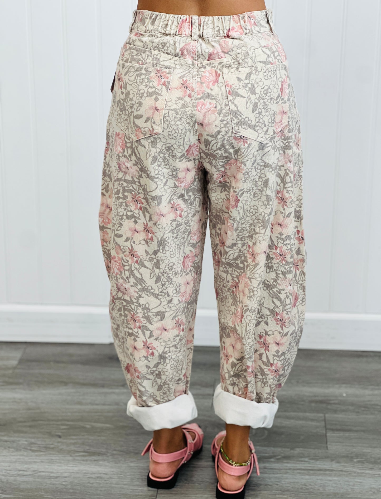 Khaki Floral Print Barrel Pants (Reg & Plus)