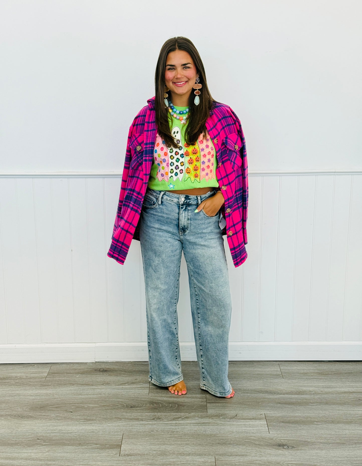 Fuchsia/Navy Plaid Button Down Shacket (Reg.)