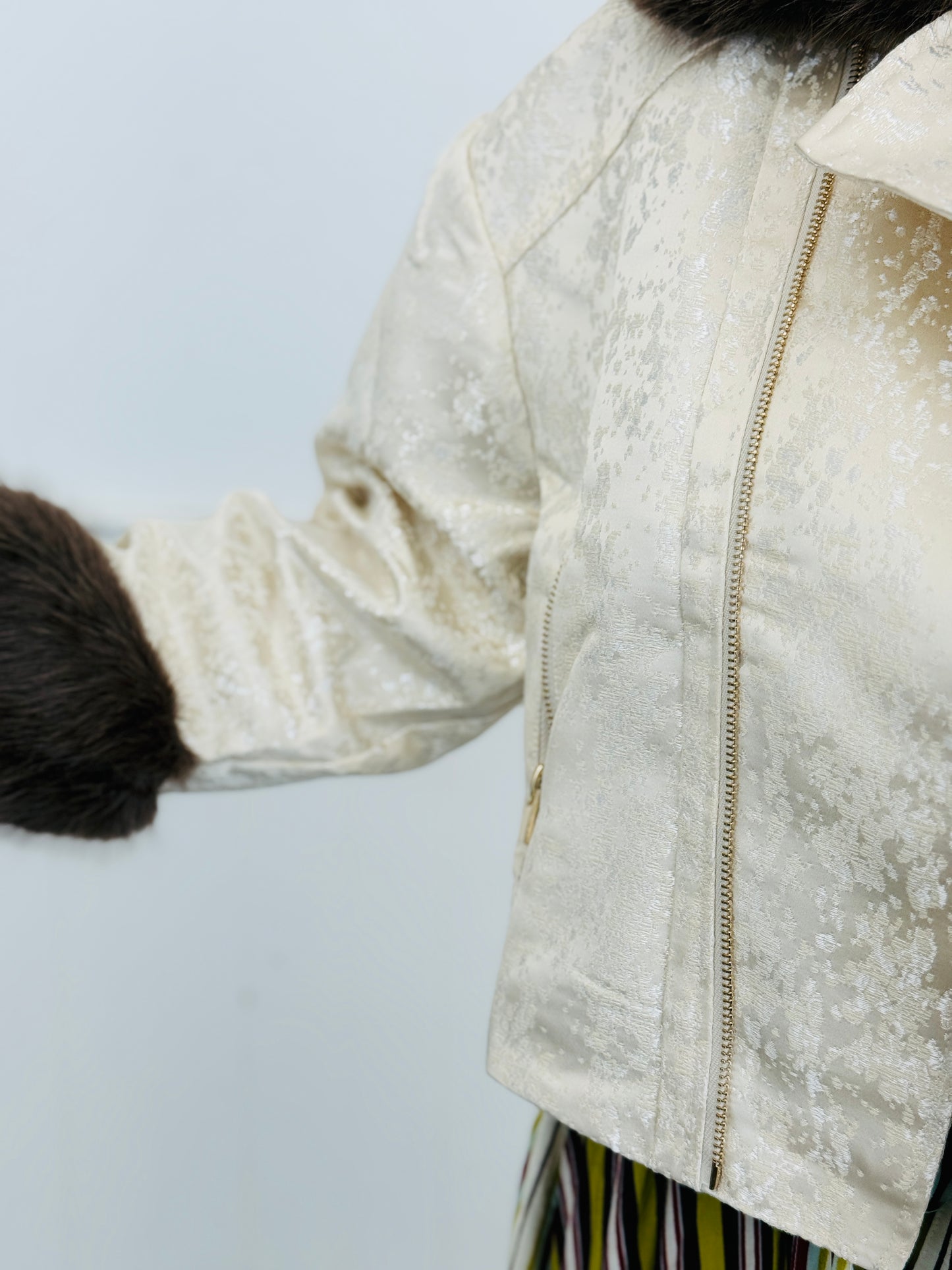 Gold Contrast Faux Fur Collar Zip Up Jacket (Reg. and Plus)
