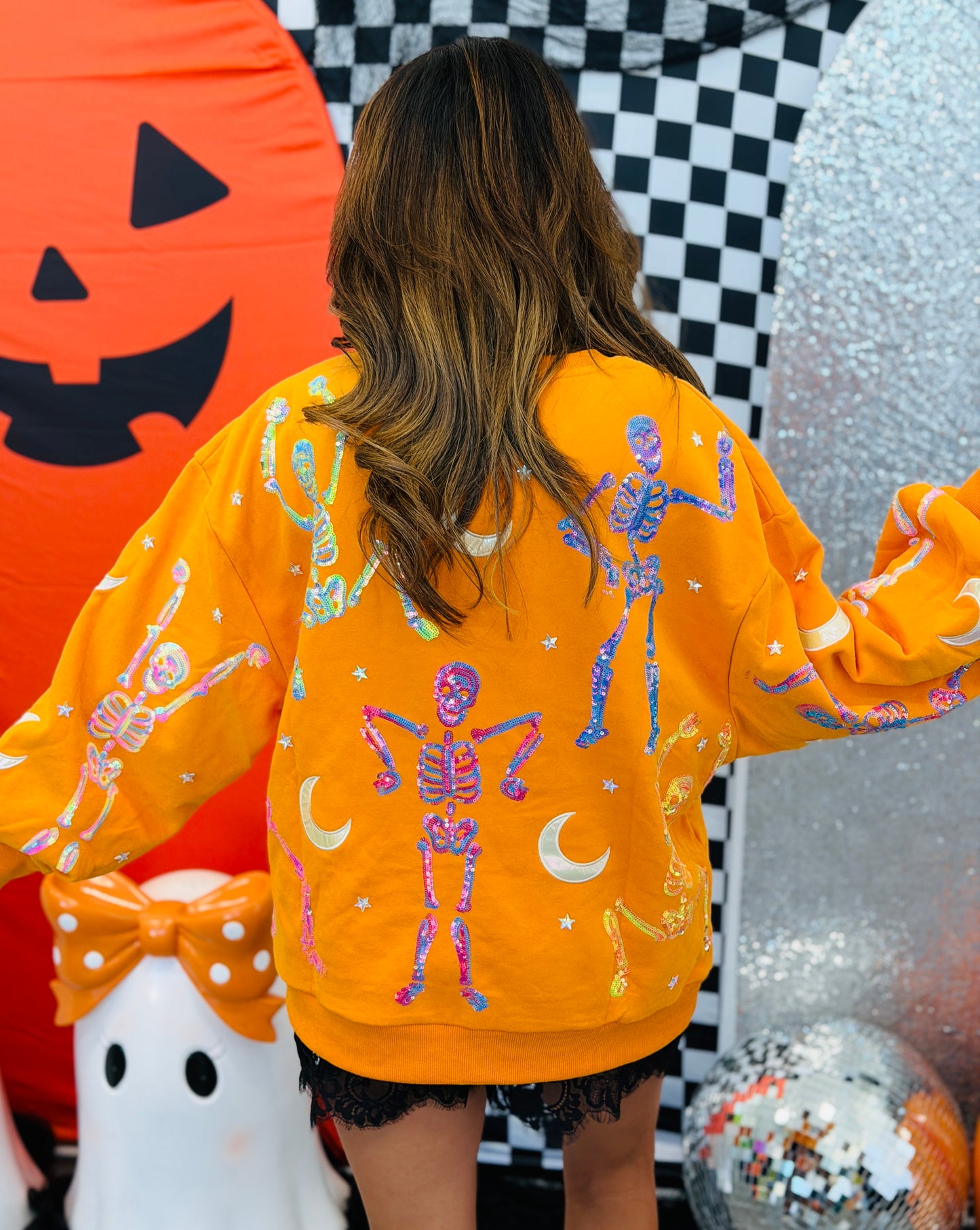 Queen Of Sparkles Orange Dancing Skeleton Sweatshirt (Reg. and Plus)