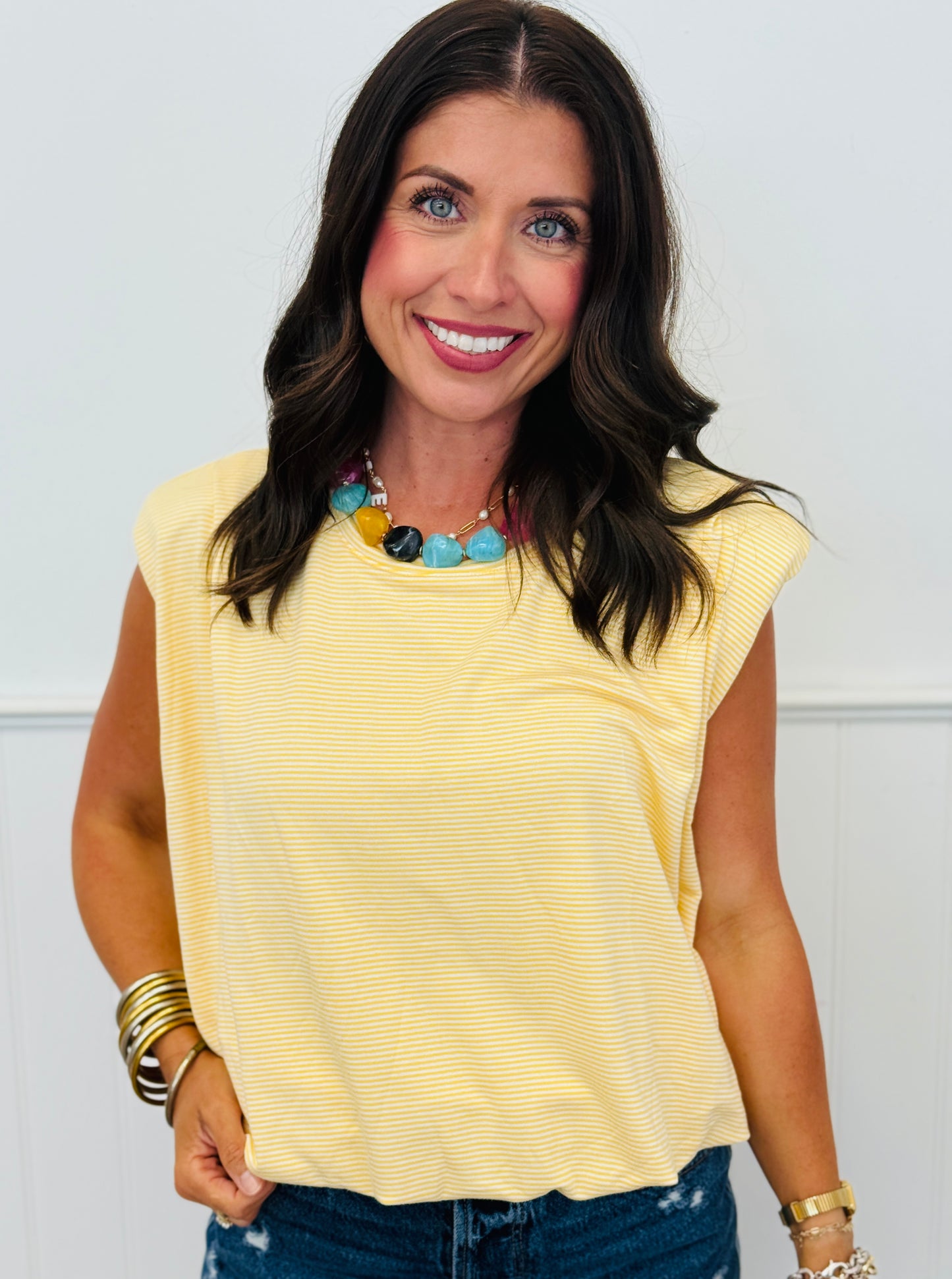 Striped Shoulder Pad Top (Reg & Plus)- 2 Colors