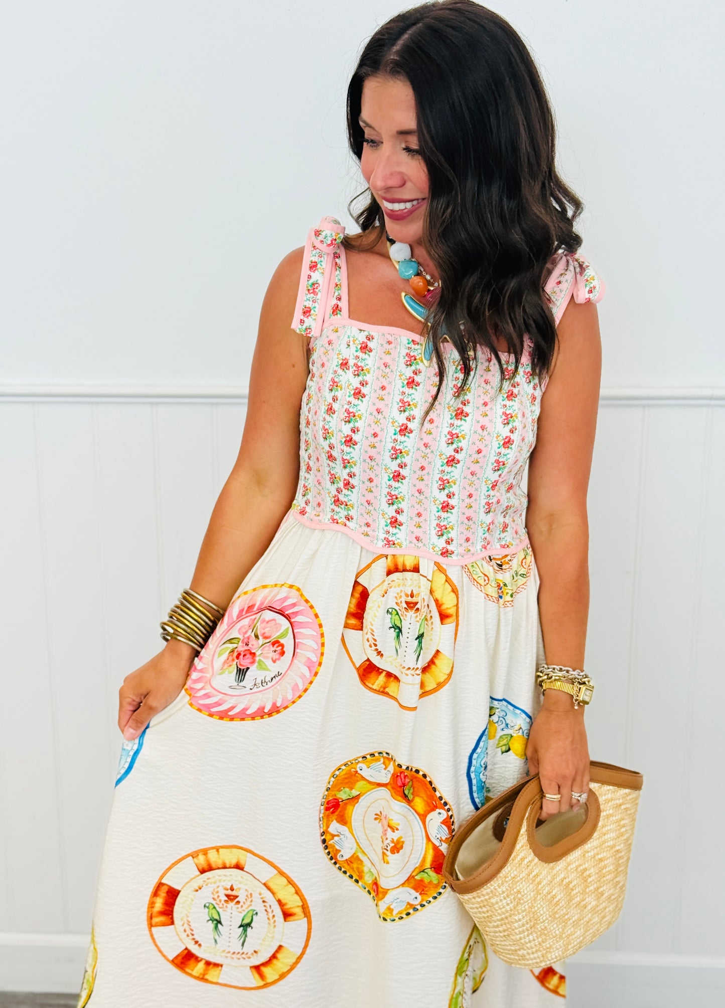Pink Majolica Plates Maxi Dress (Reg & Plus)