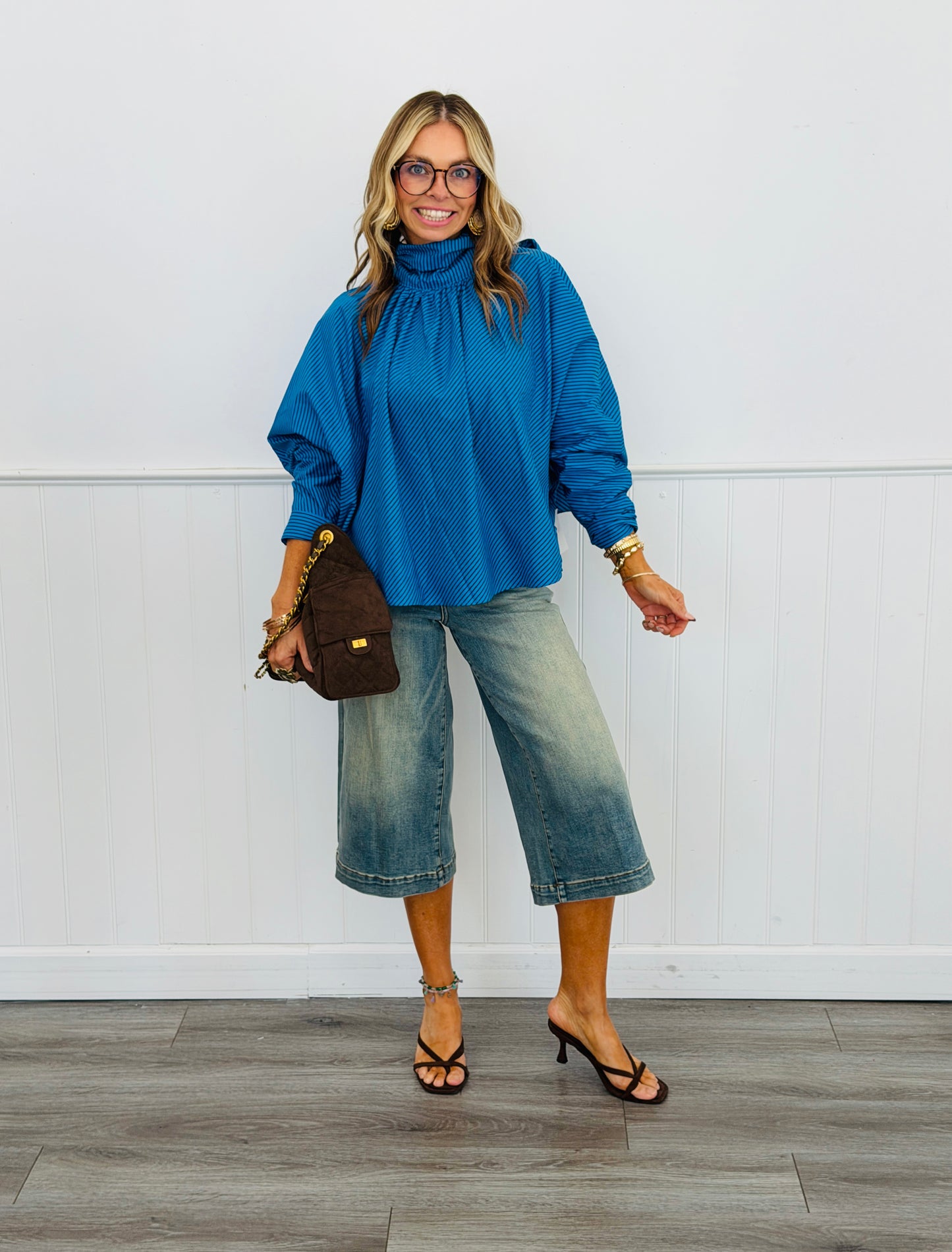 Blue/Burgundy Tie Neck Striped Blouse (Reg.)