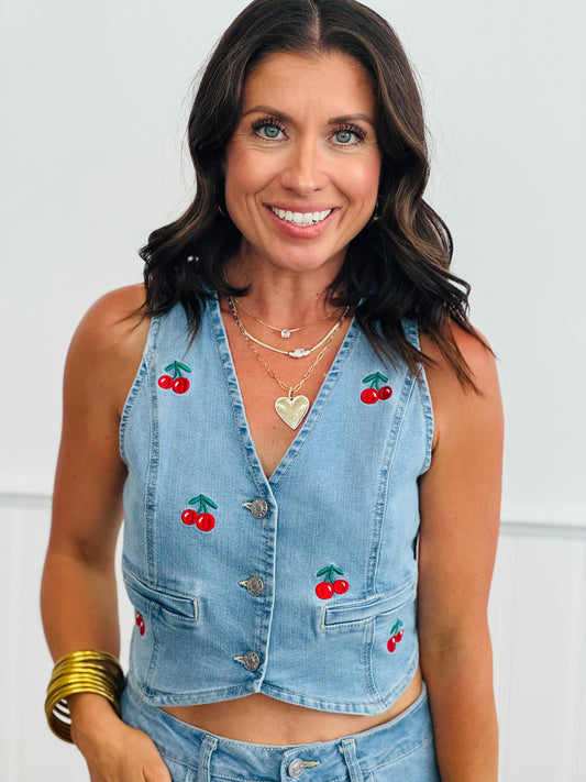 Lt Blue Embroidered Cherries Denim Vest Top (Reg.)