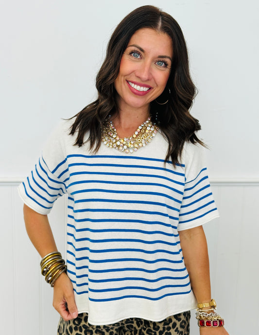 Blue Striped Short Sleeve Knit Top (Reg.)