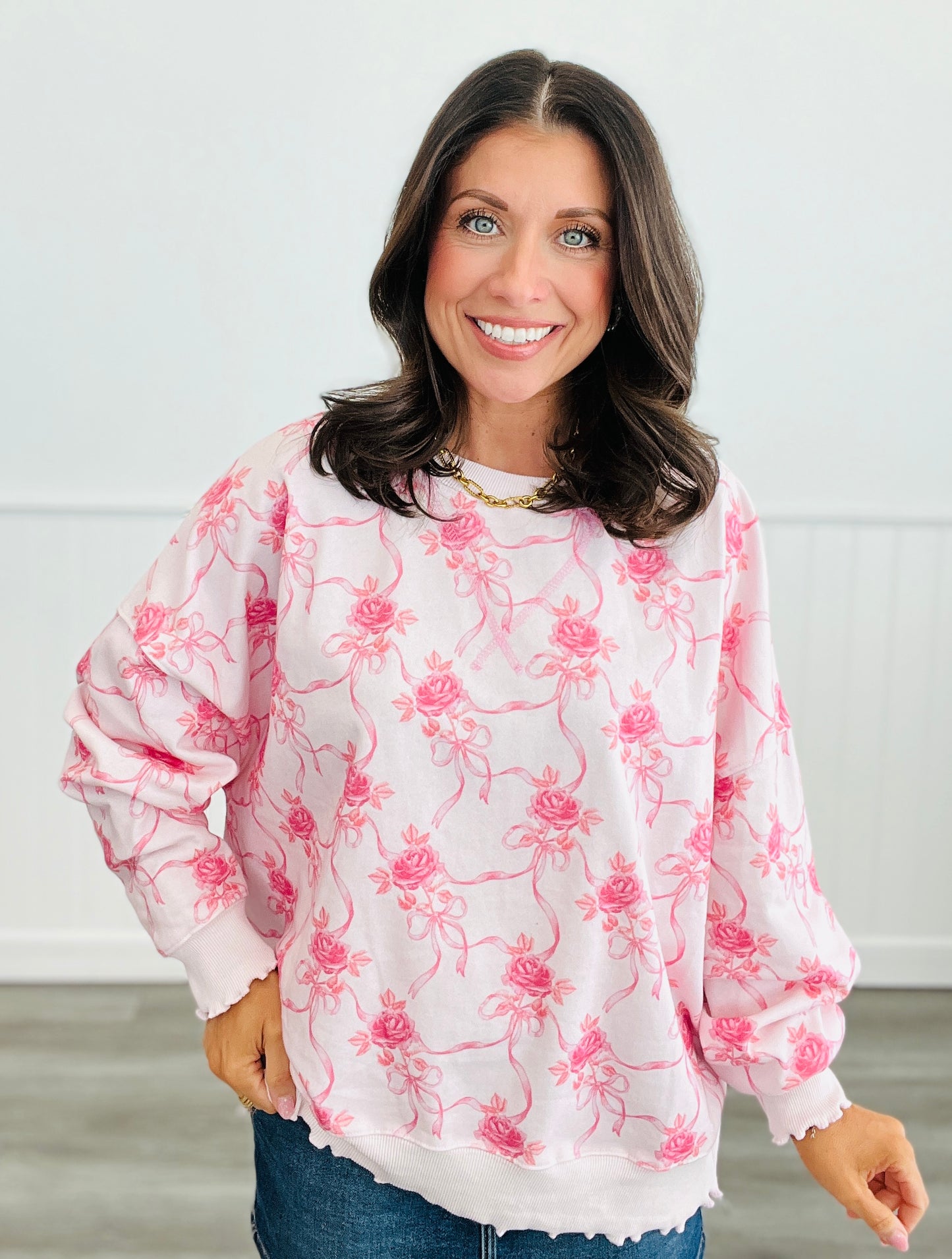 Pink on Pink Rose Bow Print Scalloped Trim Sweatshirt (Reg.)