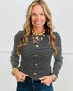 Black Pinstripe Gold Button Long Sleeve Top (Reg.)