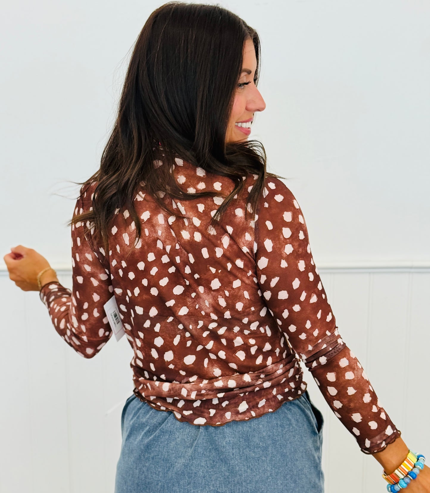 Brown Deer Print Long Sleeve Mesh Top (Reg & Plus)
