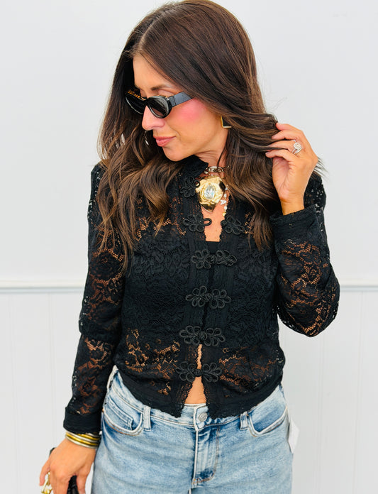 Black Lace LS Button Up Blouse (Reg.)