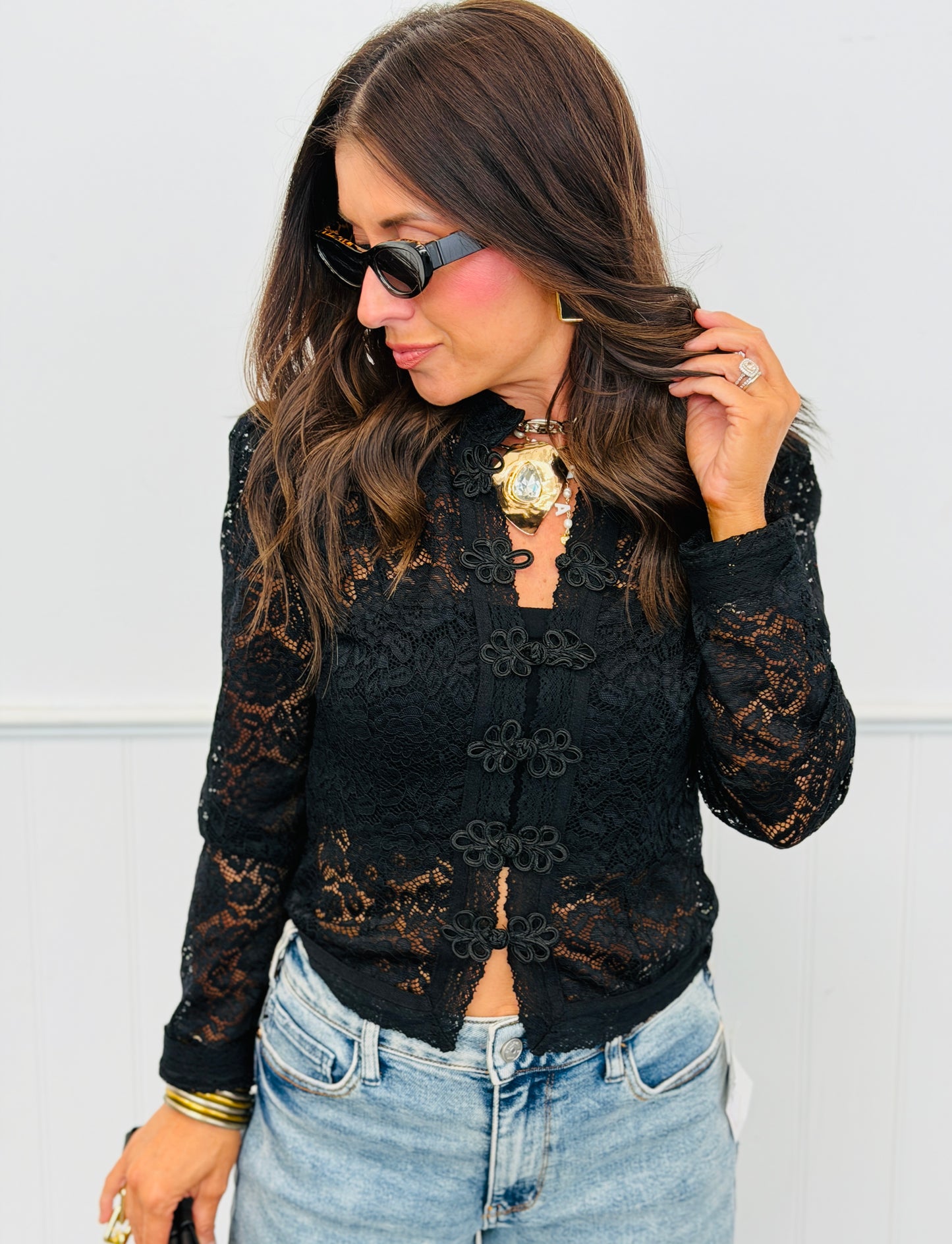 Black Lace LS Button Up Blouse (Reg.)