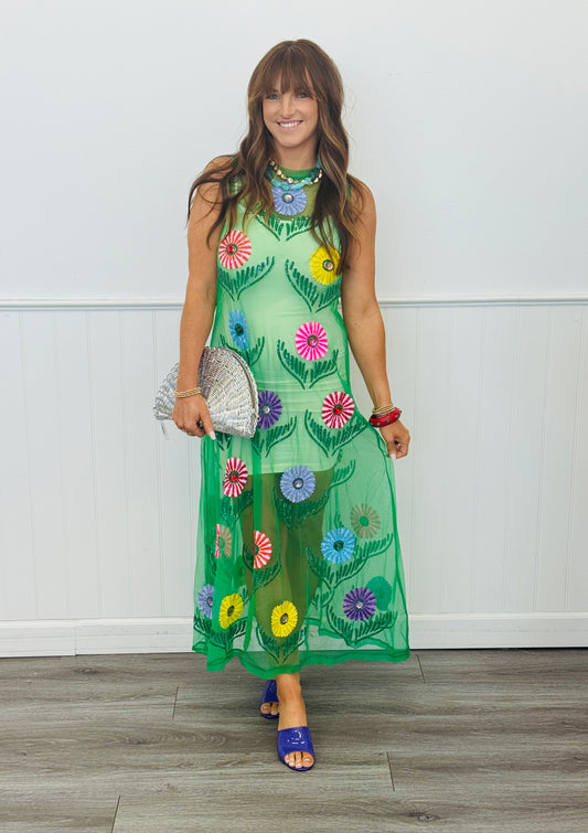 Queen Of Sparkles Green Cinco Flowers Mesh Midi Dress (Reg. & Plus)