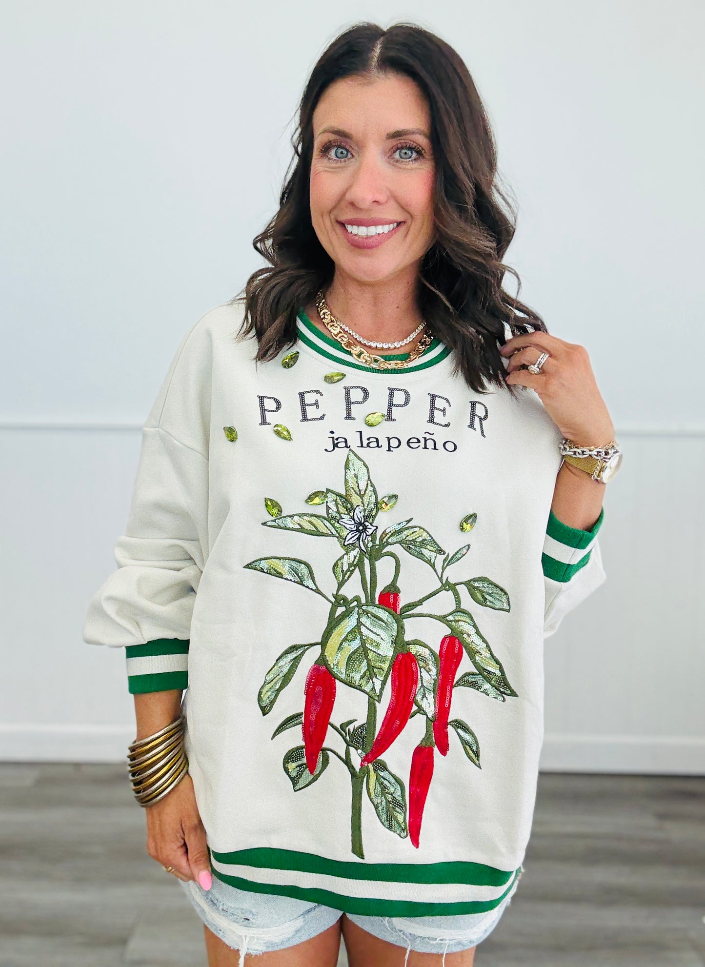 Queen Of Sparkles Beige Jalapeno Pepper Sweatshirt (Reg. and Plus)