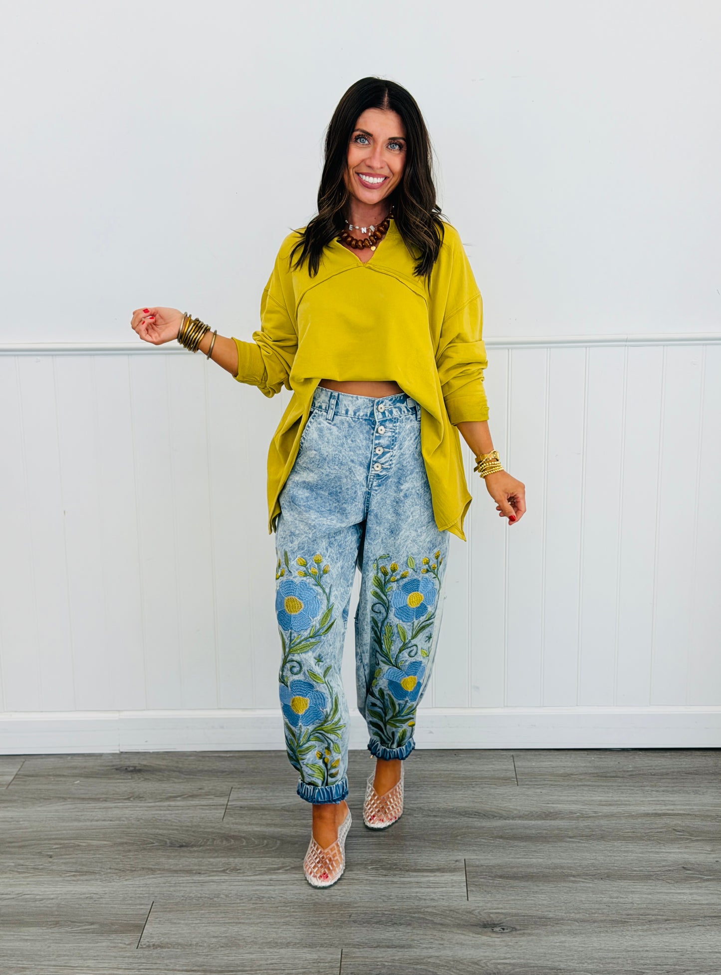 POL Blue Denim Embroidered Flowers Jogger Pants (Reg.)