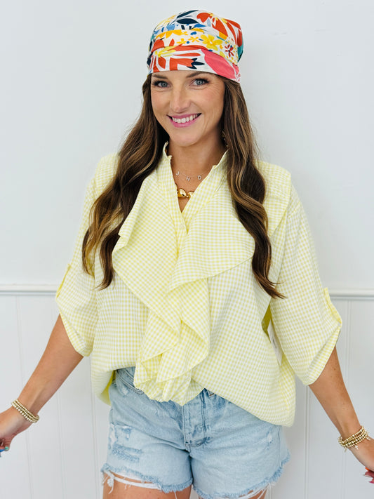 Yellow Gingham Ruffle Button Down Top (One Size)