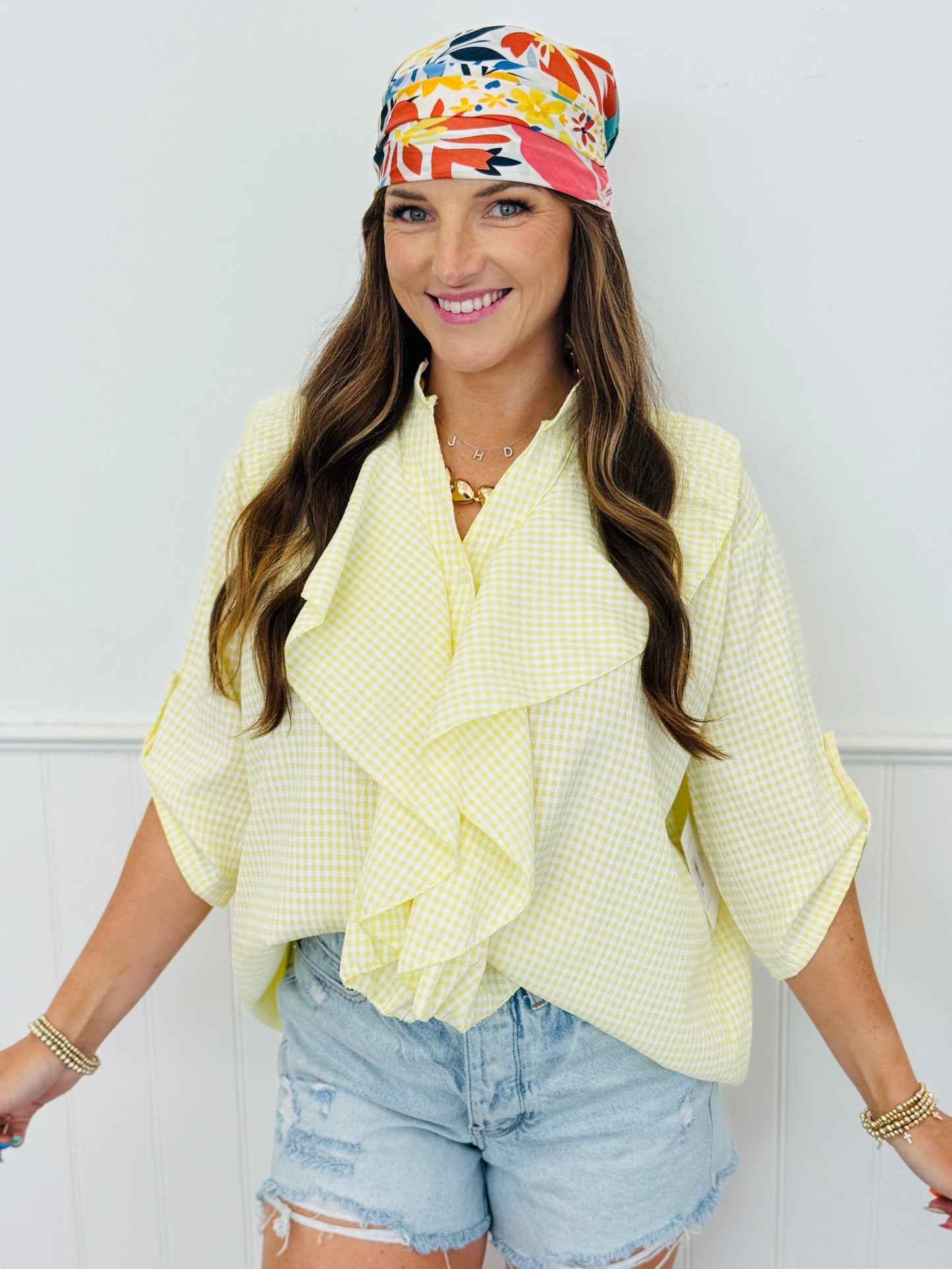 Yellow Gingham Ruffle Button Down Top (One Size)