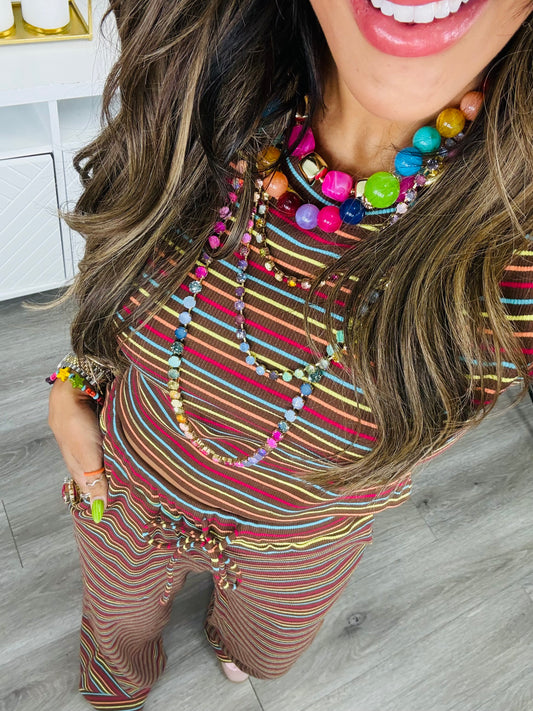 Brown Striped Short Sleeve Top & Pants Set (Reg.)