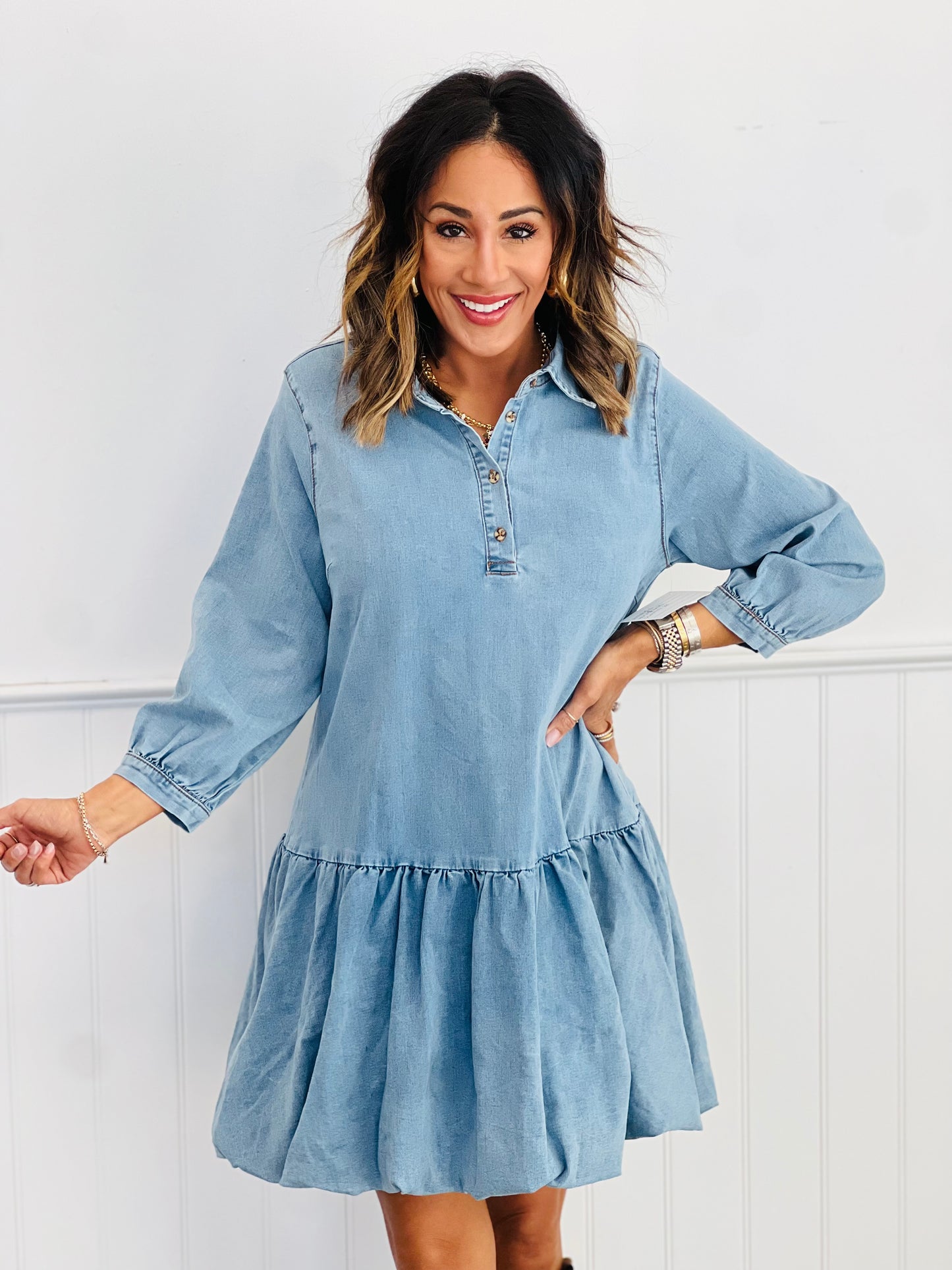 Denim Dream Balloon Hem Mini Dress (Reg.)