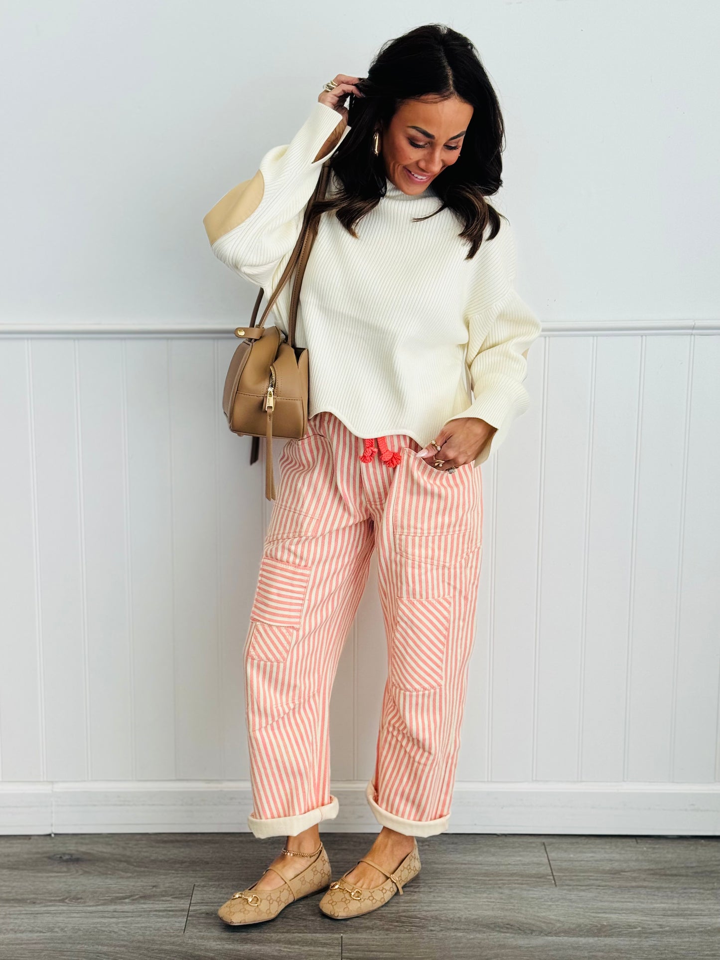 Coral Peach Striped Twill Barrel Pants (Reg & Plus)