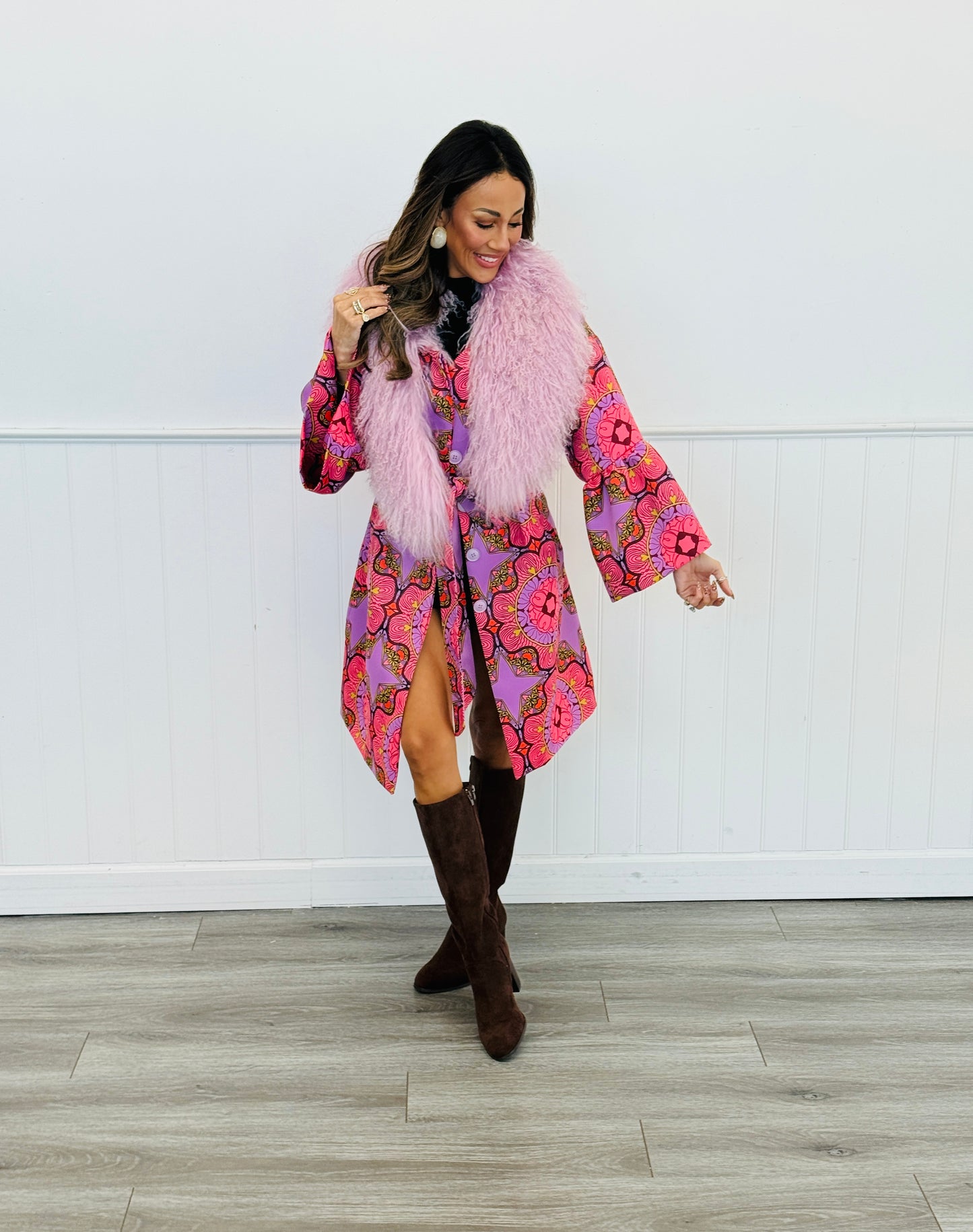 Pink Wool Coat Mongolian Fur Collar (Reg. and Plus)