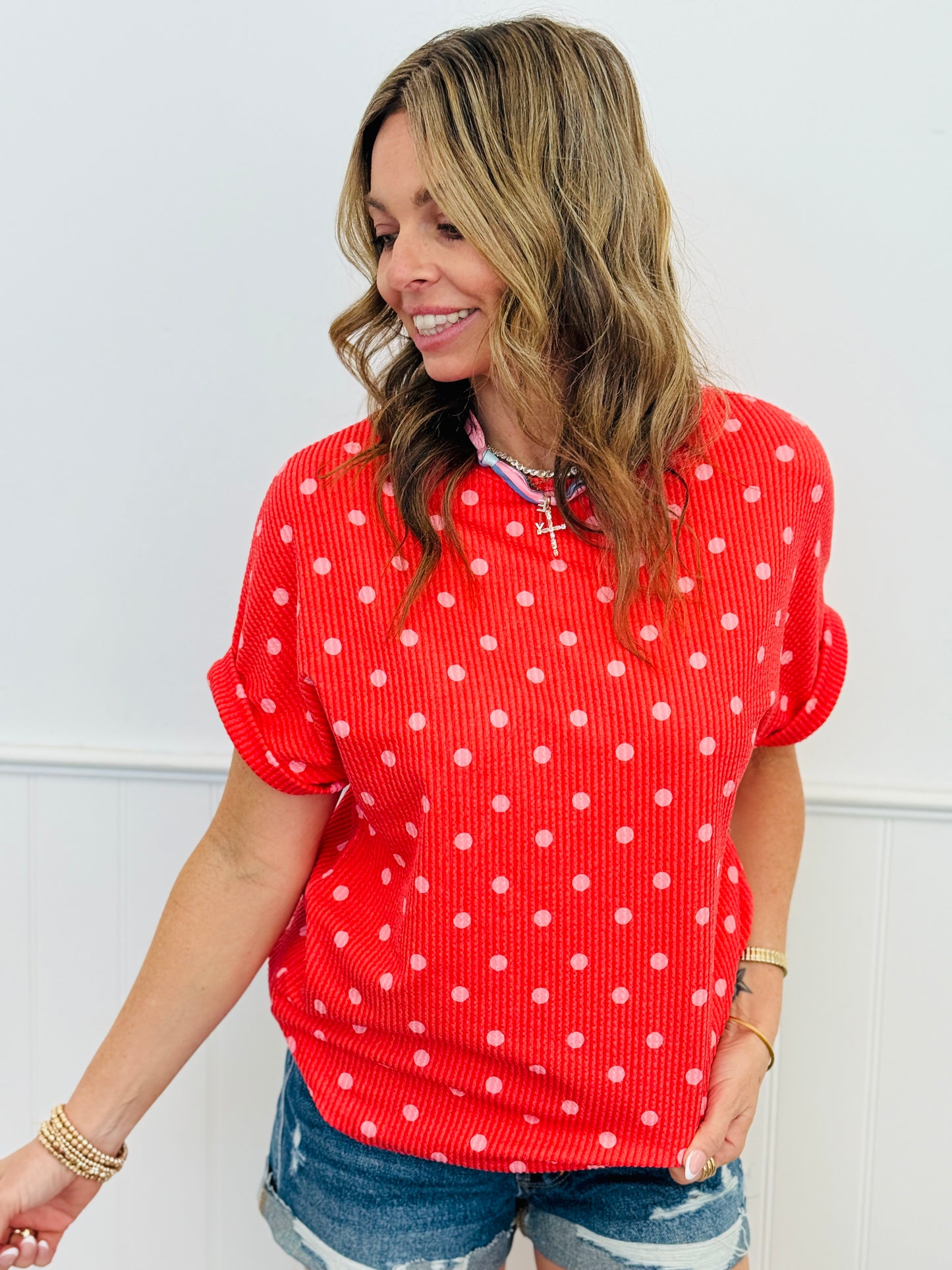 Polka Dot Curly Rib Knit Top (Reg.) - 6 Colors