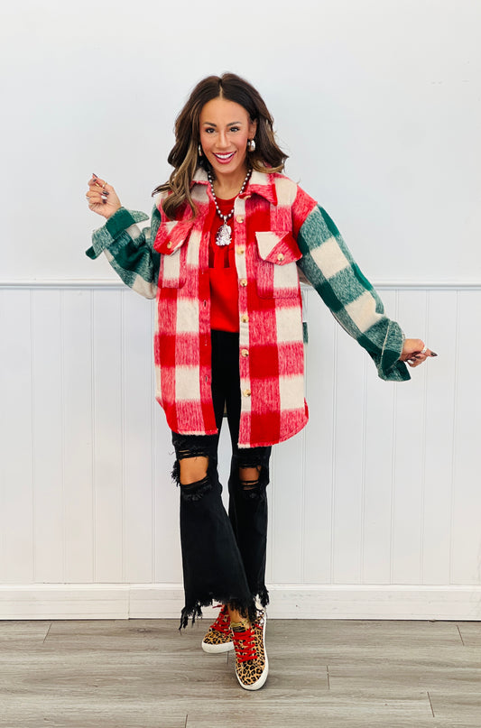 Red Multi Plaid Button Down Shacket (Reg. and Plus.)