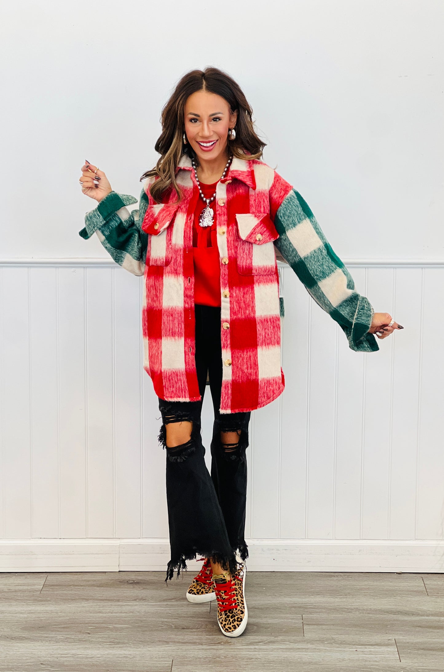 Red Multi Plaid Button Down Shacket (Reg. and Plus.)