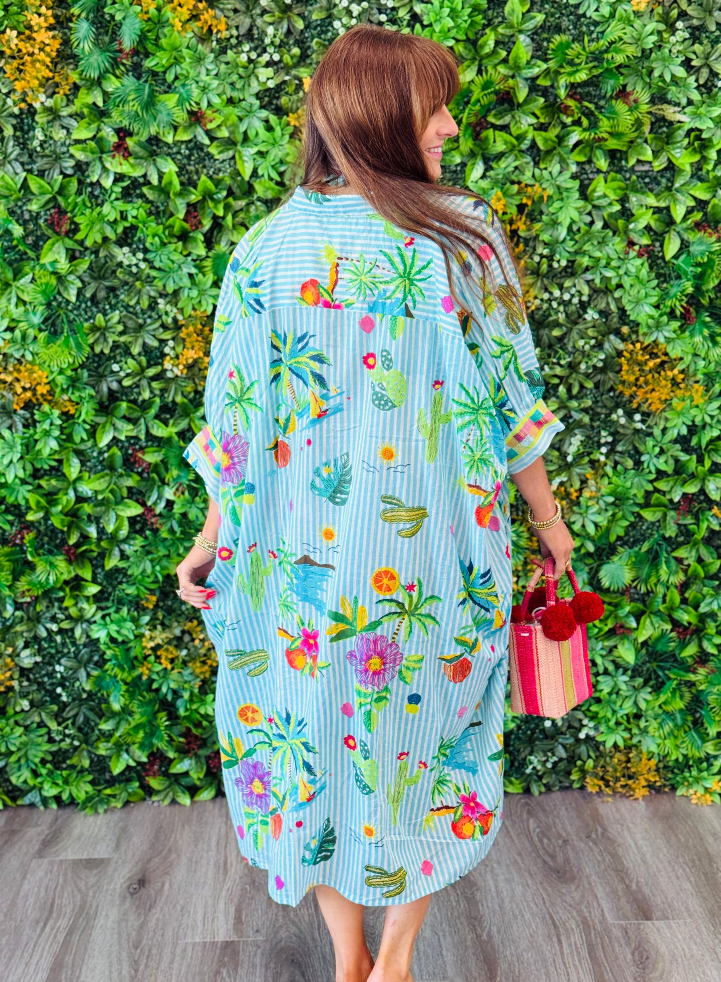 POL Aqua Multi Floral & Contrast Stripe Midi Dress (OS)