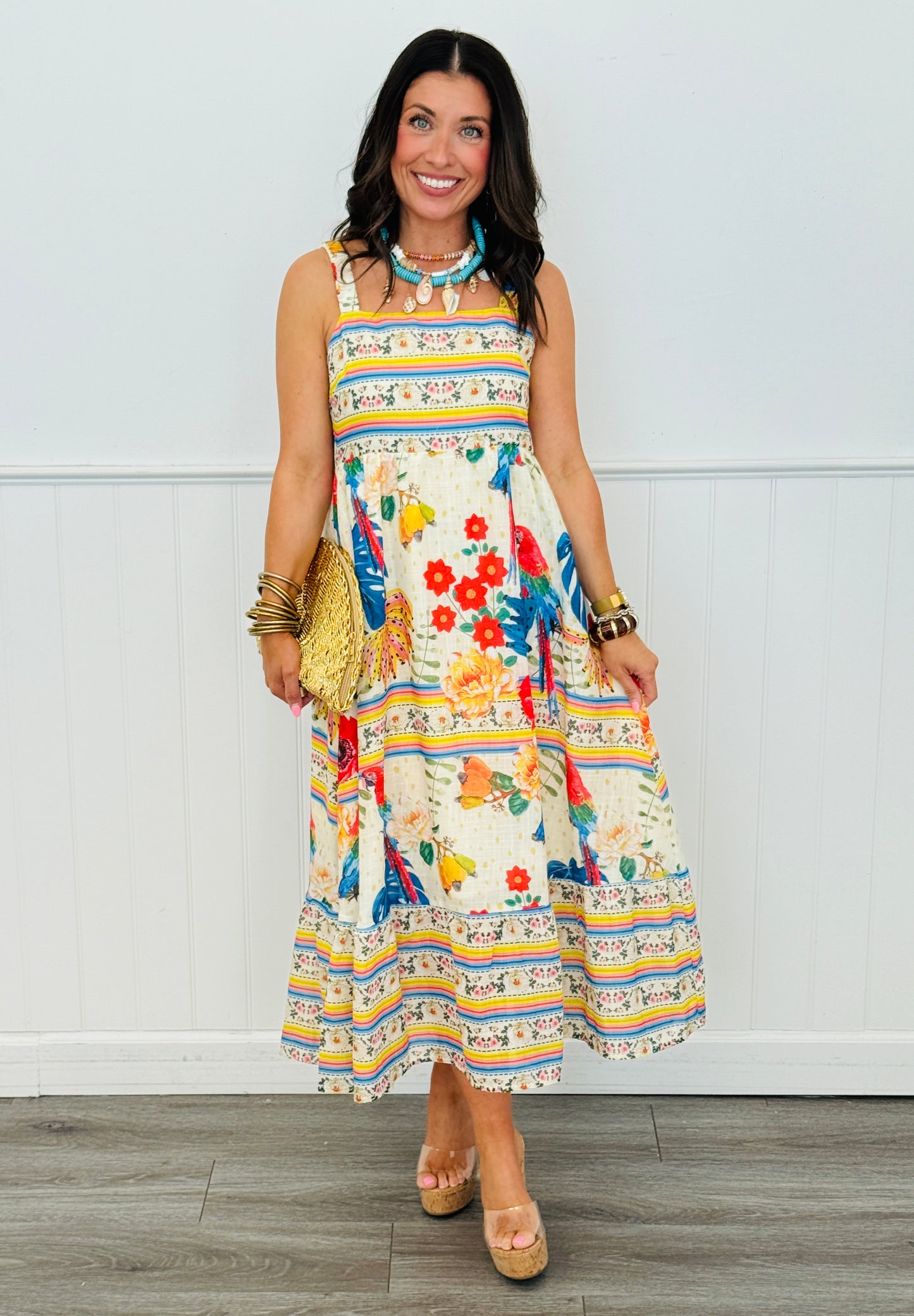 Vibrant Parrots In Paradise Midi Dress (Reg & Plus)