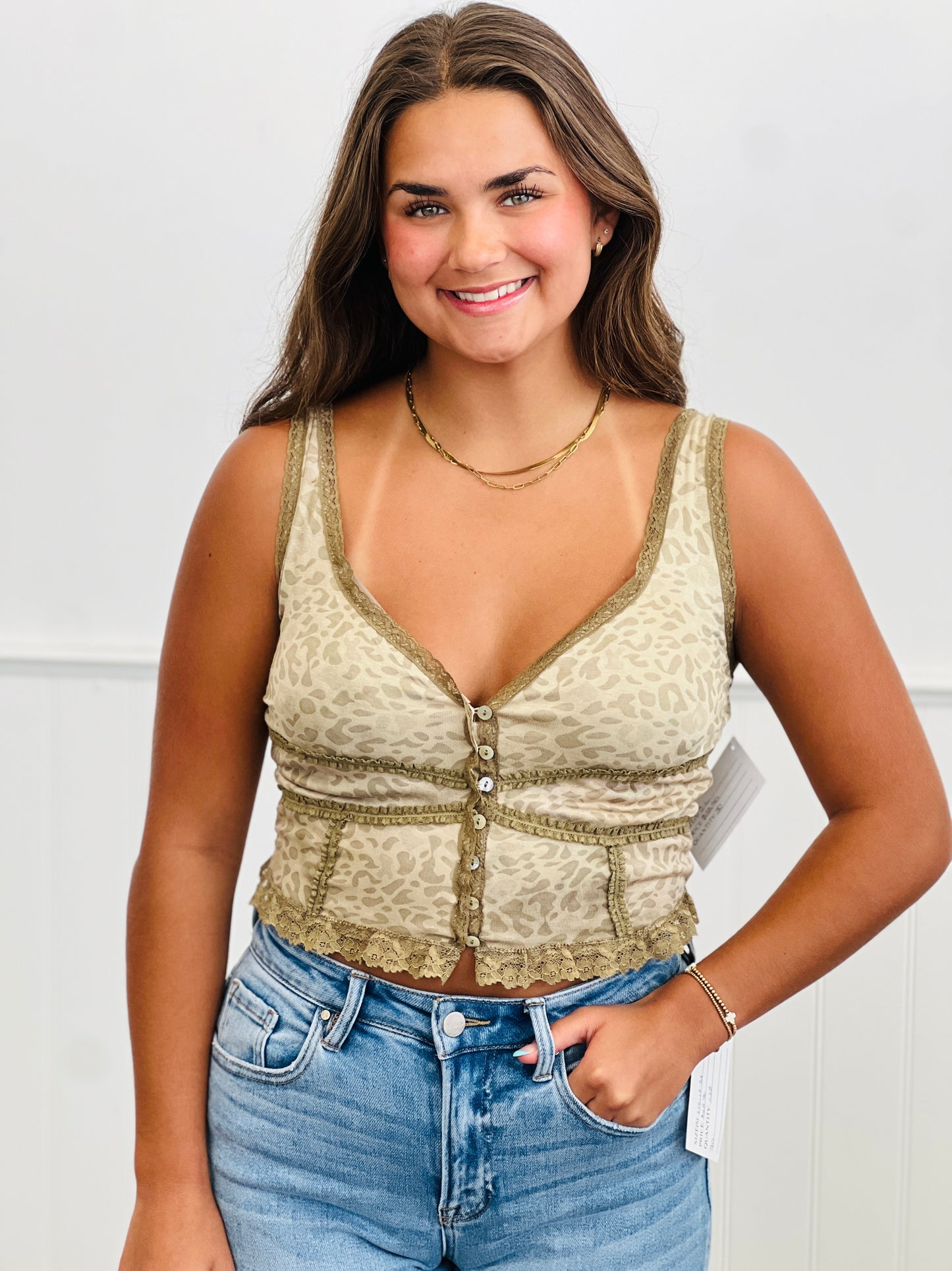 POL Tan Leopard Lace Trim Cami Top (Reg.)