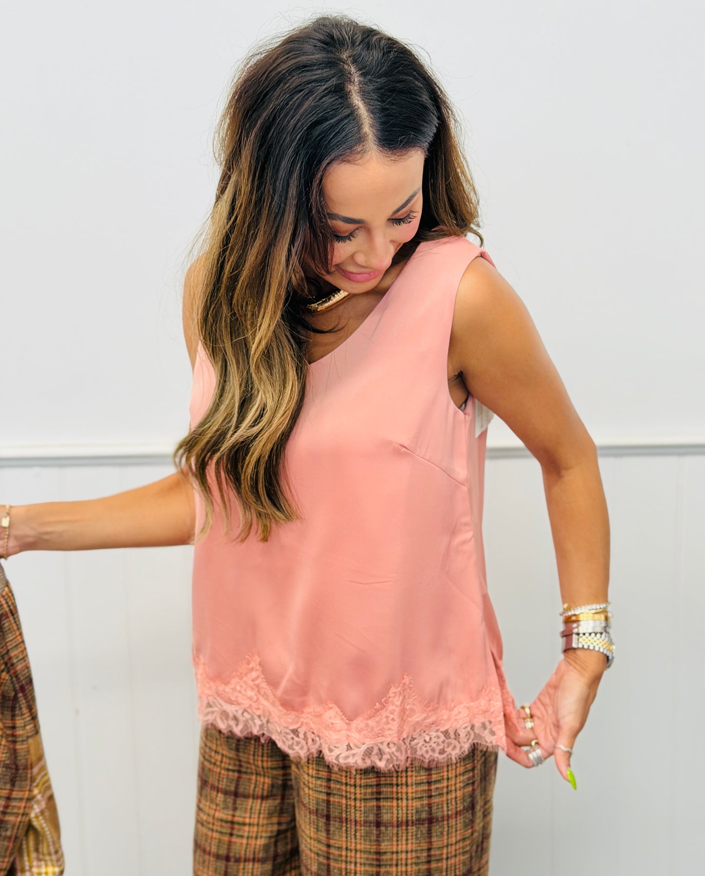 Pink Lace Trim V-Neck Tank Top (Reg. and Plus)