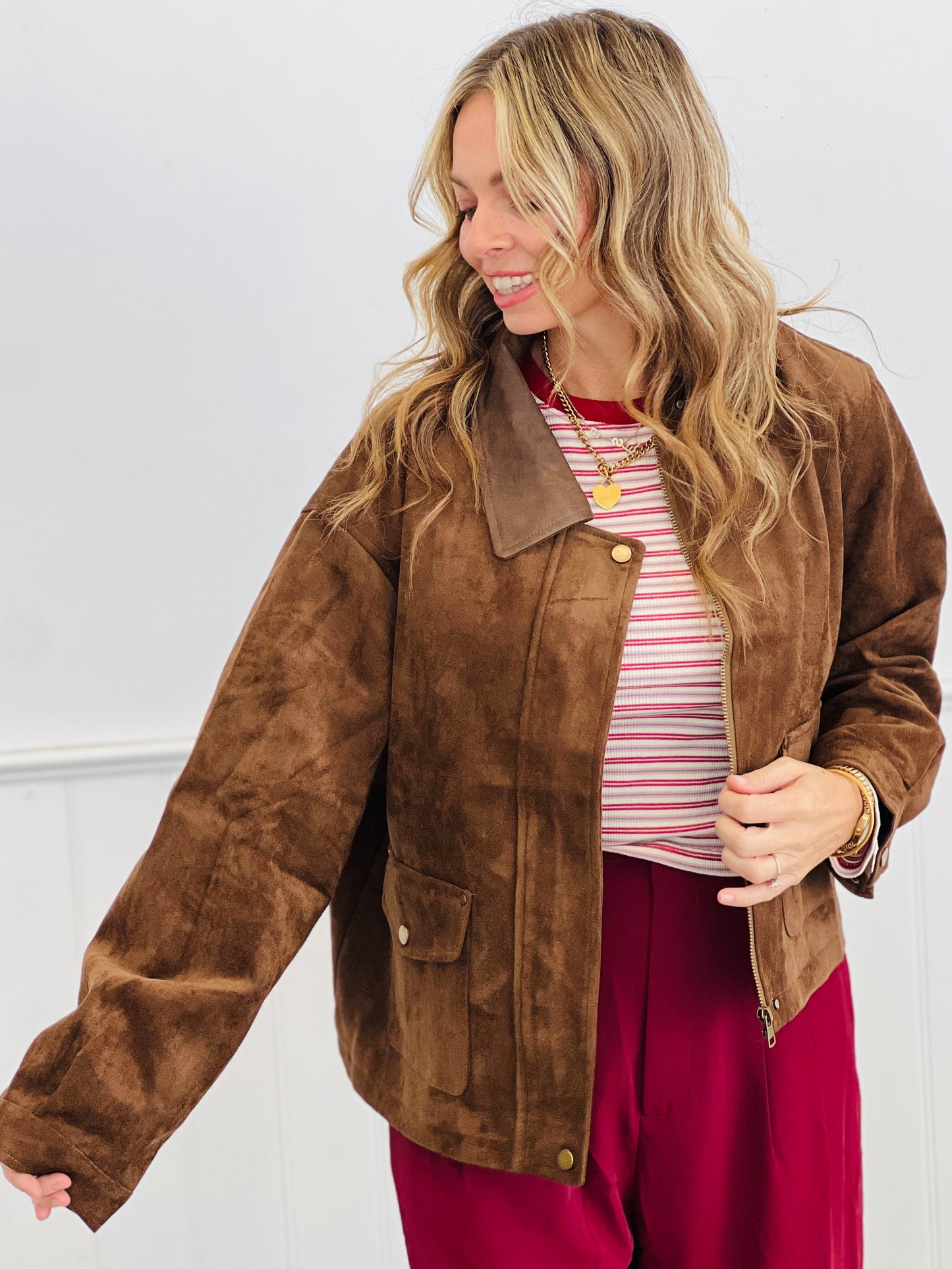 Brown Faux Suede Collared Jacket (Reg.)