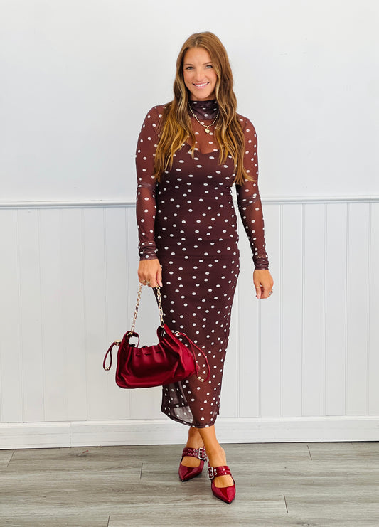 Brown Polka Dot Mesh Maxi Dress (Reg & Plus)