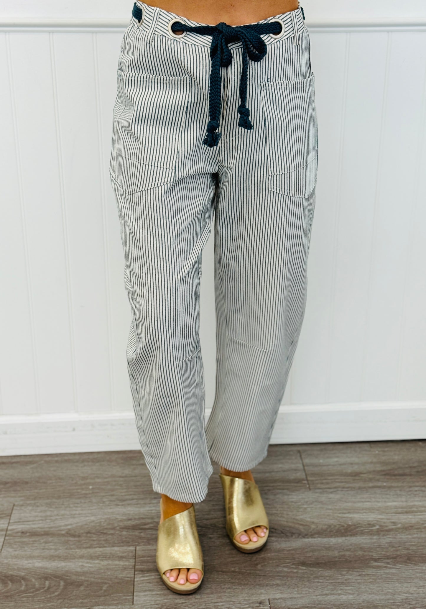 Dusty Blue Striped Grommet Waist Tie Barrel Pants (Reg. and Plus)