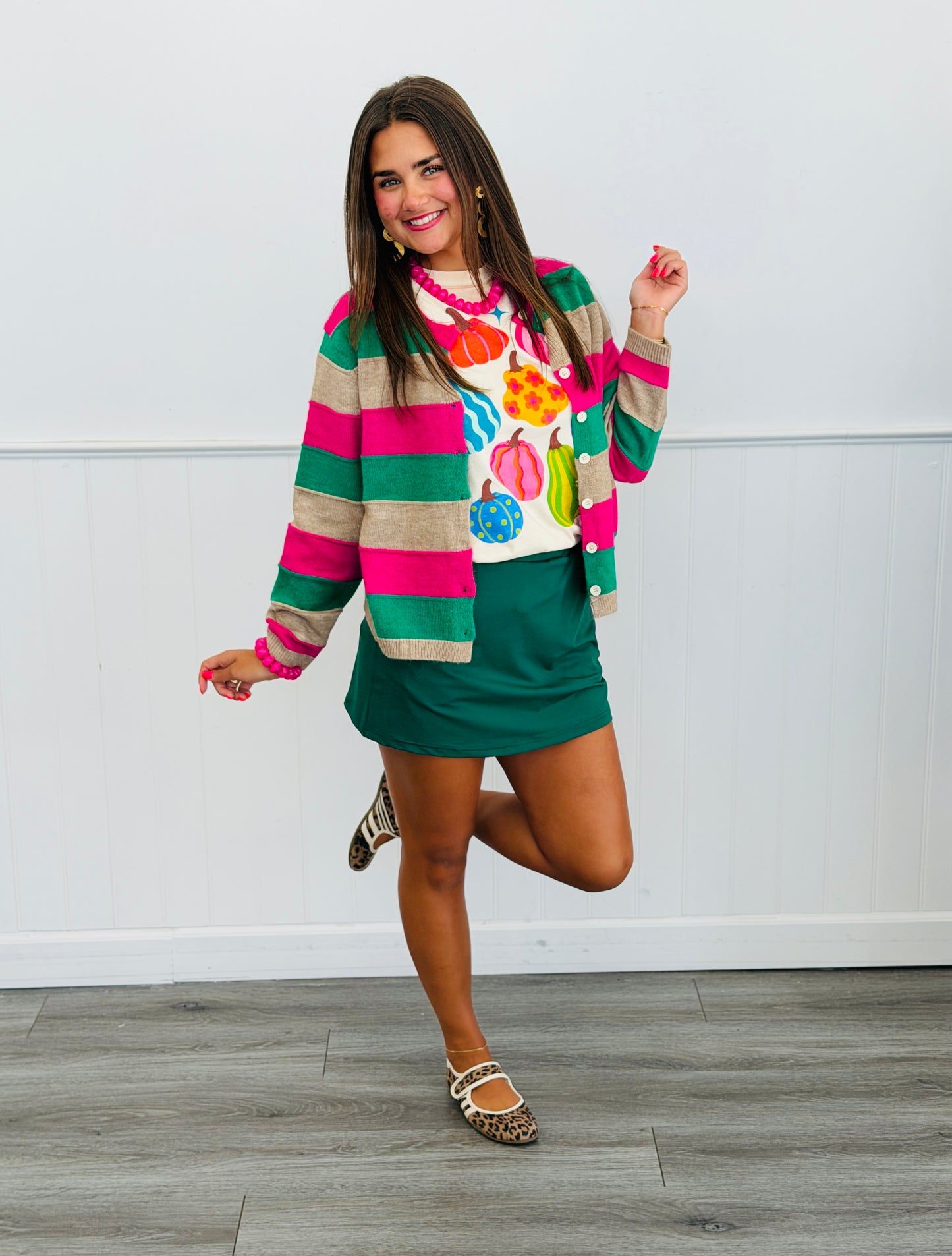 Green/Pink Striped Button Up Cardigan (Reg. & Plus)
