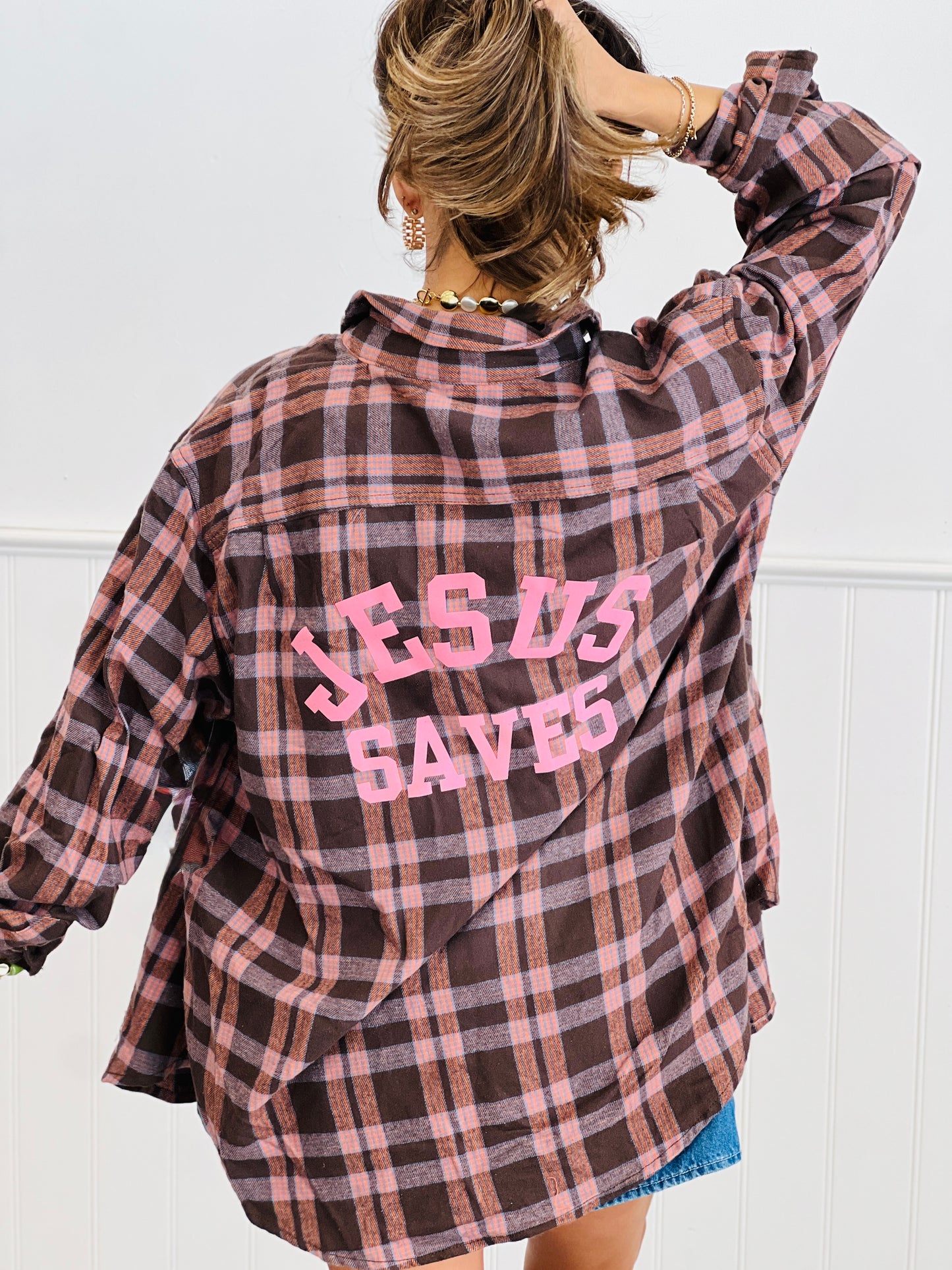 Plaid Jesus Saves Button Up Flannel (Reg. and Plus)