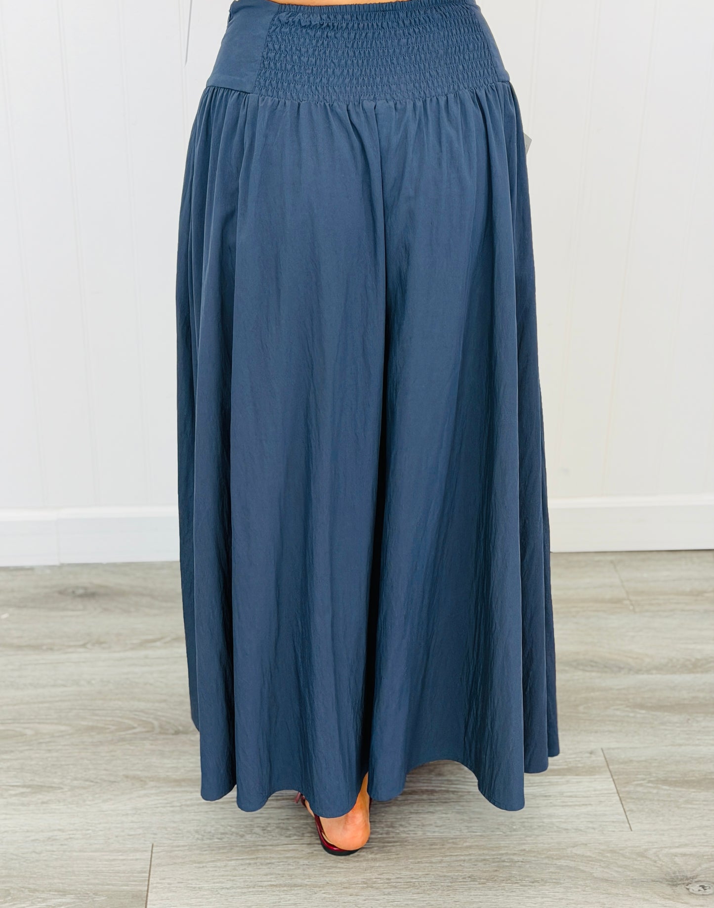 Navy Smocked Back Midi Skirt (Reg. and Plus)