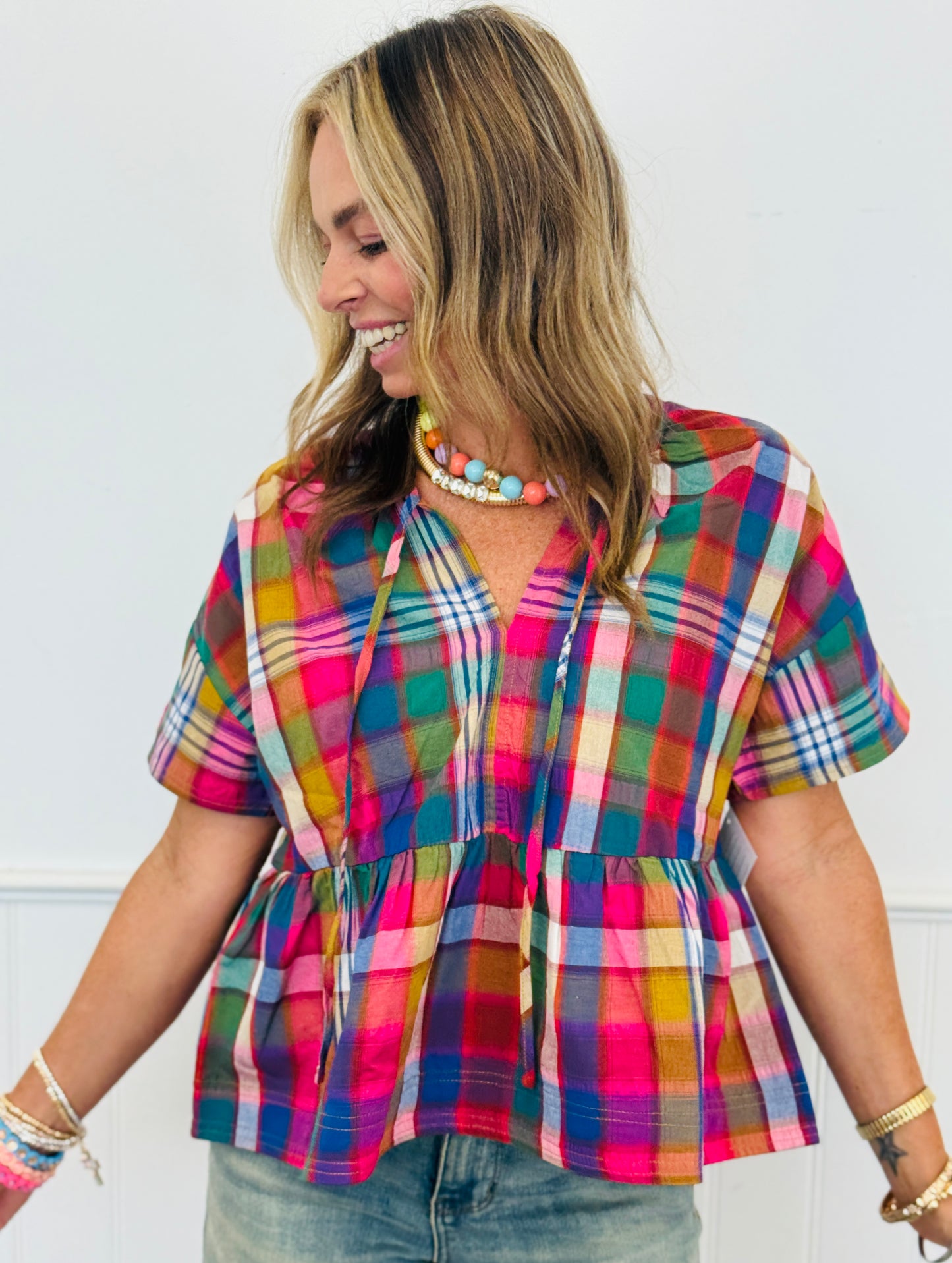 Plaid Babydoll Self Tie Detail Blouse (Reg.)