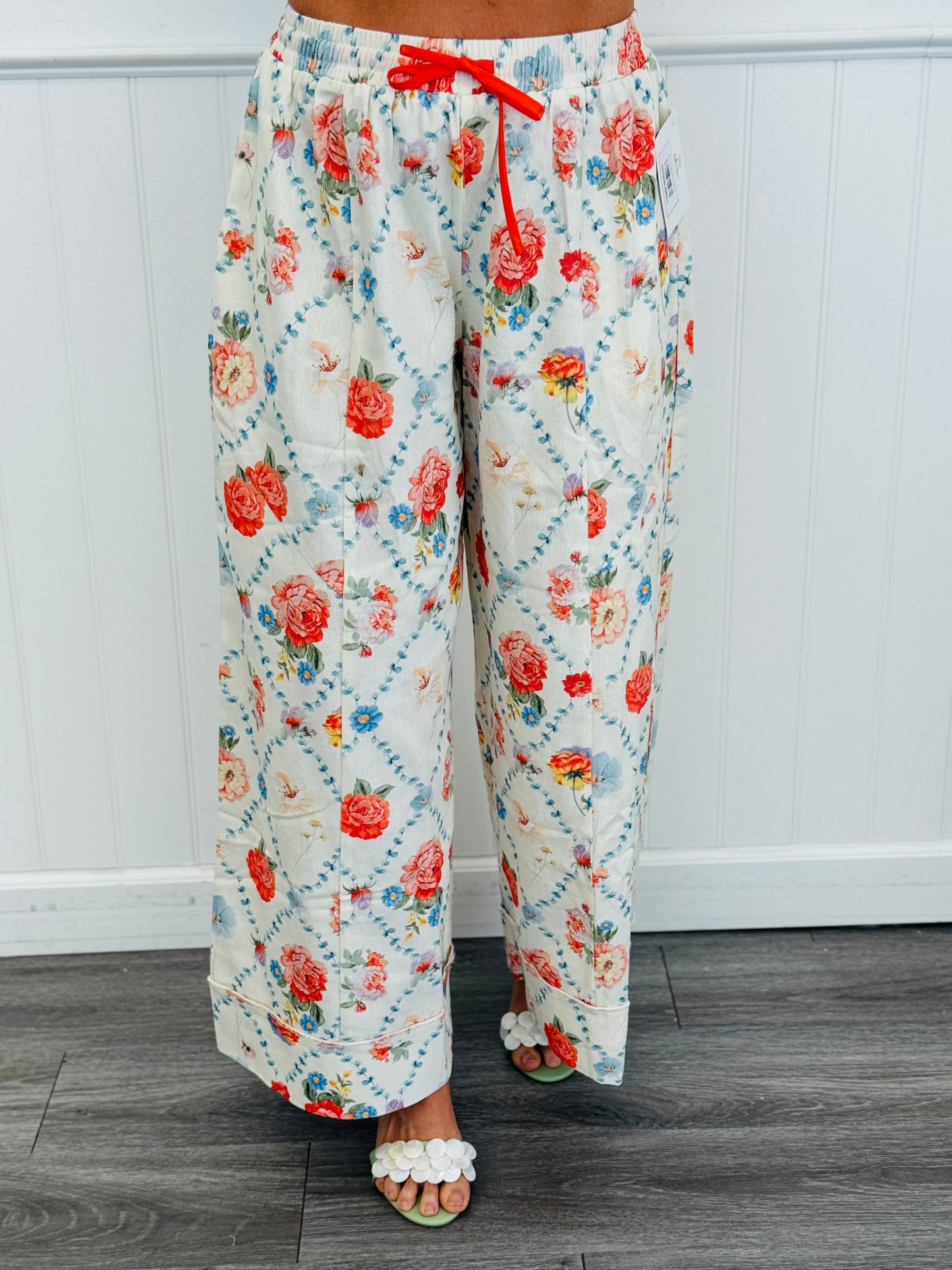 Flower Print Drawstring Wide Leg Pants (Reg.)