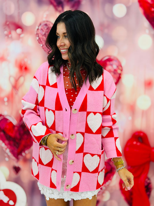 Pink/Red Checkered Heart Cardigan (Reg.)