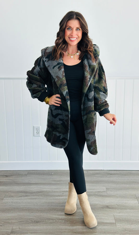 Faux Fur Camo Open Front Jacket (One Size)