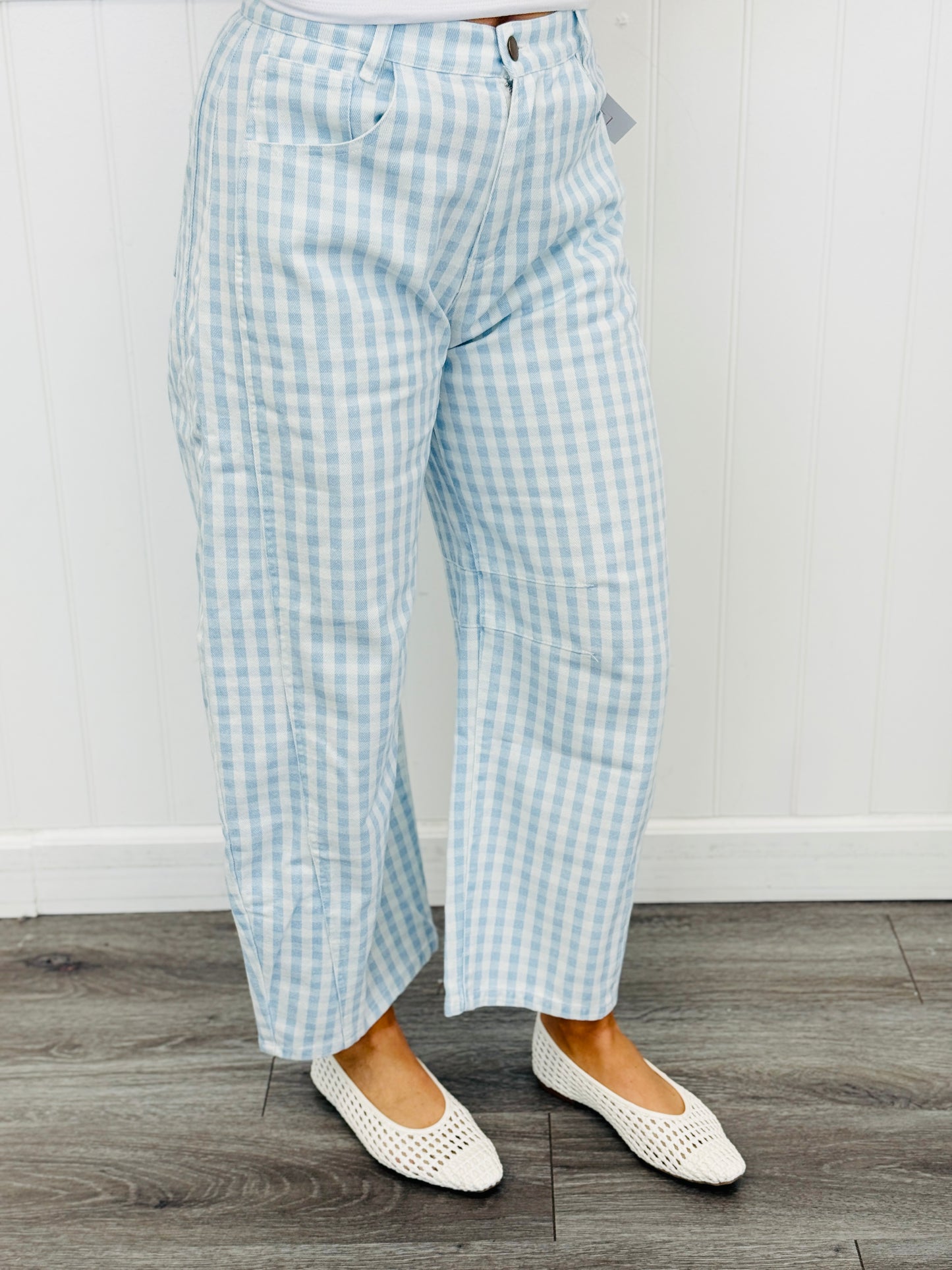 Light Blue Gingham Twill Barrel Pants (Reg.)