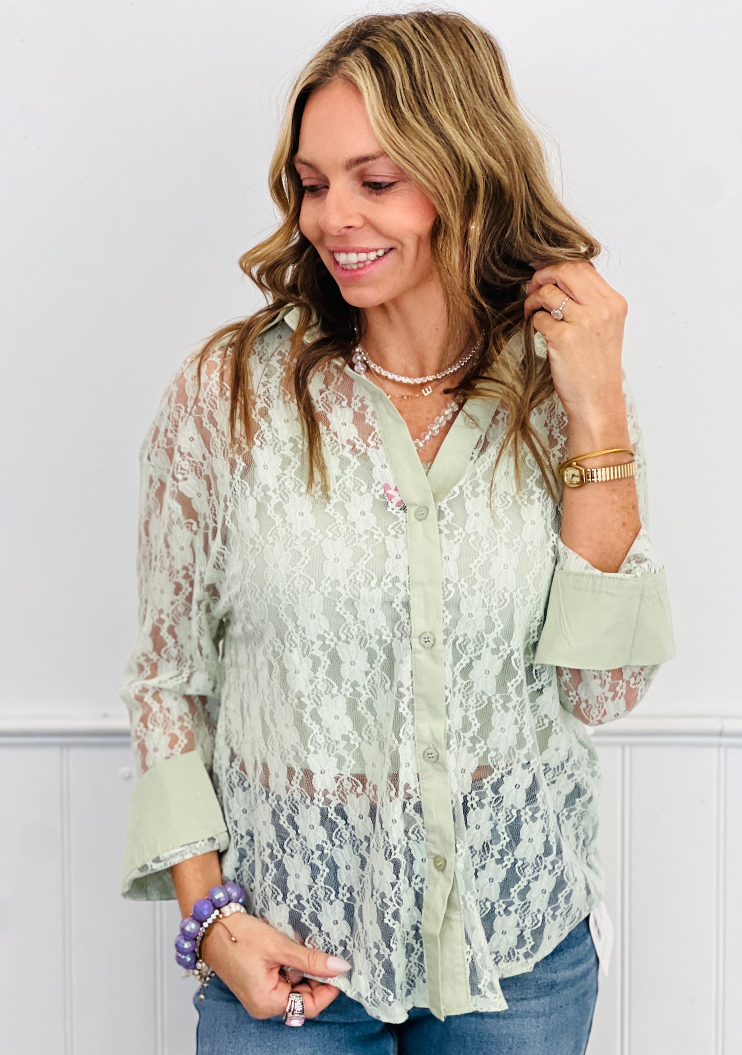 Mint Lace Kathryn Button-Up Blouse (Reg. and Plus)